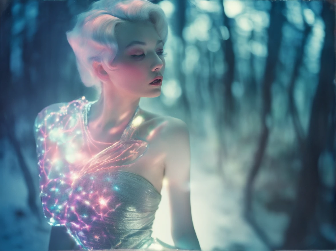 diana frost beauty, in woods,flash photo, Being chased, Norinobu Shinoyama, play with light and shadow, Excessiveness, Surreal details, surrealist style image、