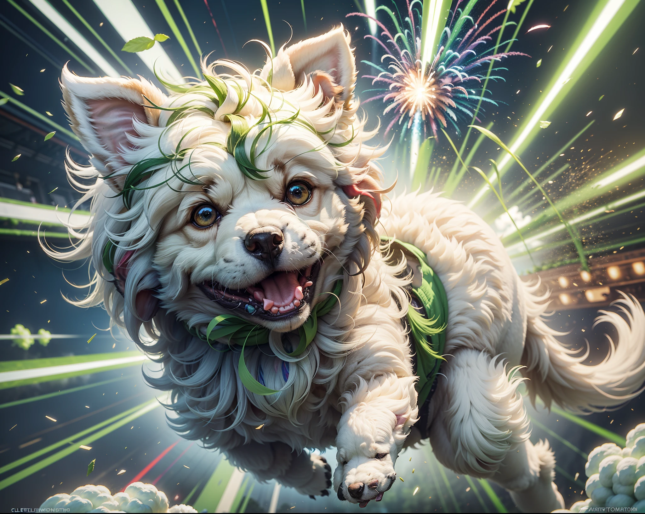 Extreme low angle shot of tiny white toy poodle jumping high in the sky, surrounded by exploding colour bombs of green and white, light in the scene giving a green and white colour, cinematic lighting, artgerm style, 32k, ultra HD, unreal engine rendered, photorealistic image,  —ar 9:16 --auto --s2