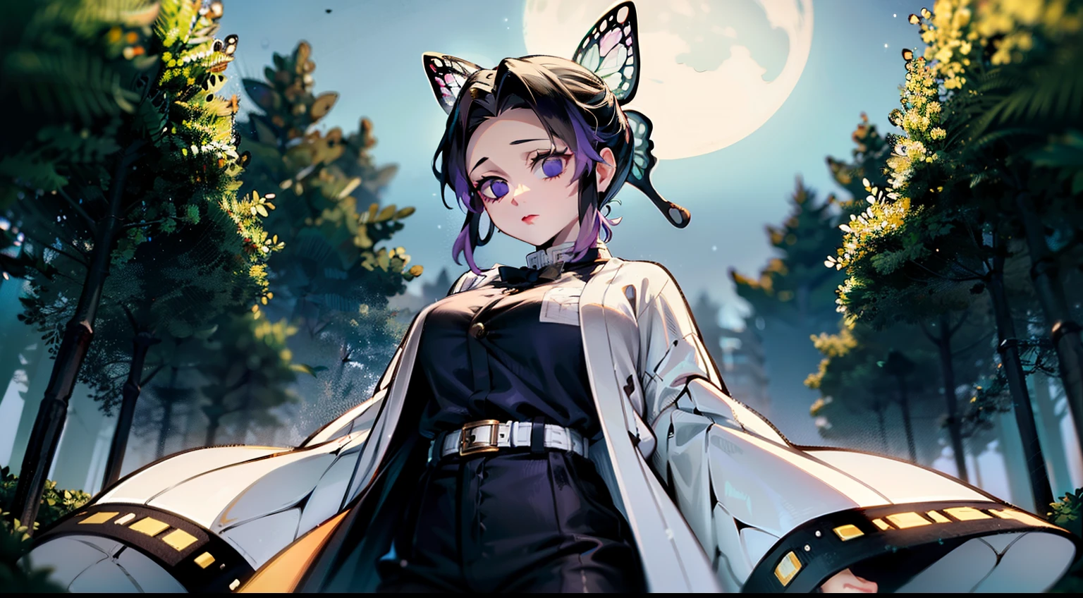 Masterpiece, Best Quality, hight resolution, 1girl, 独奏, Kocho Shinobi, Master Parts, beste-Qualit, supreme, 1girll, In the bamboo forest,There is a huge bright moon in the background, Kochou Shinobu, large butterfly clip in hair, butterfly hair jewelry, violet eyes, multi-colored hair, Short hair, Separate lane, haori, White Japanese cloak, Longer sleeves, black pantsuit, black jacket, belt, Character looking at camera,Decorate your hair with a bow tie, violet eyes, multi-colored hair, Short hair, Parted bangs, Black pants, black jacket, long sleeves, belt, Cowboy shot, in the woods, Looking at the starry sky, Close your mouth, Night with countless stars, the Milky Way
