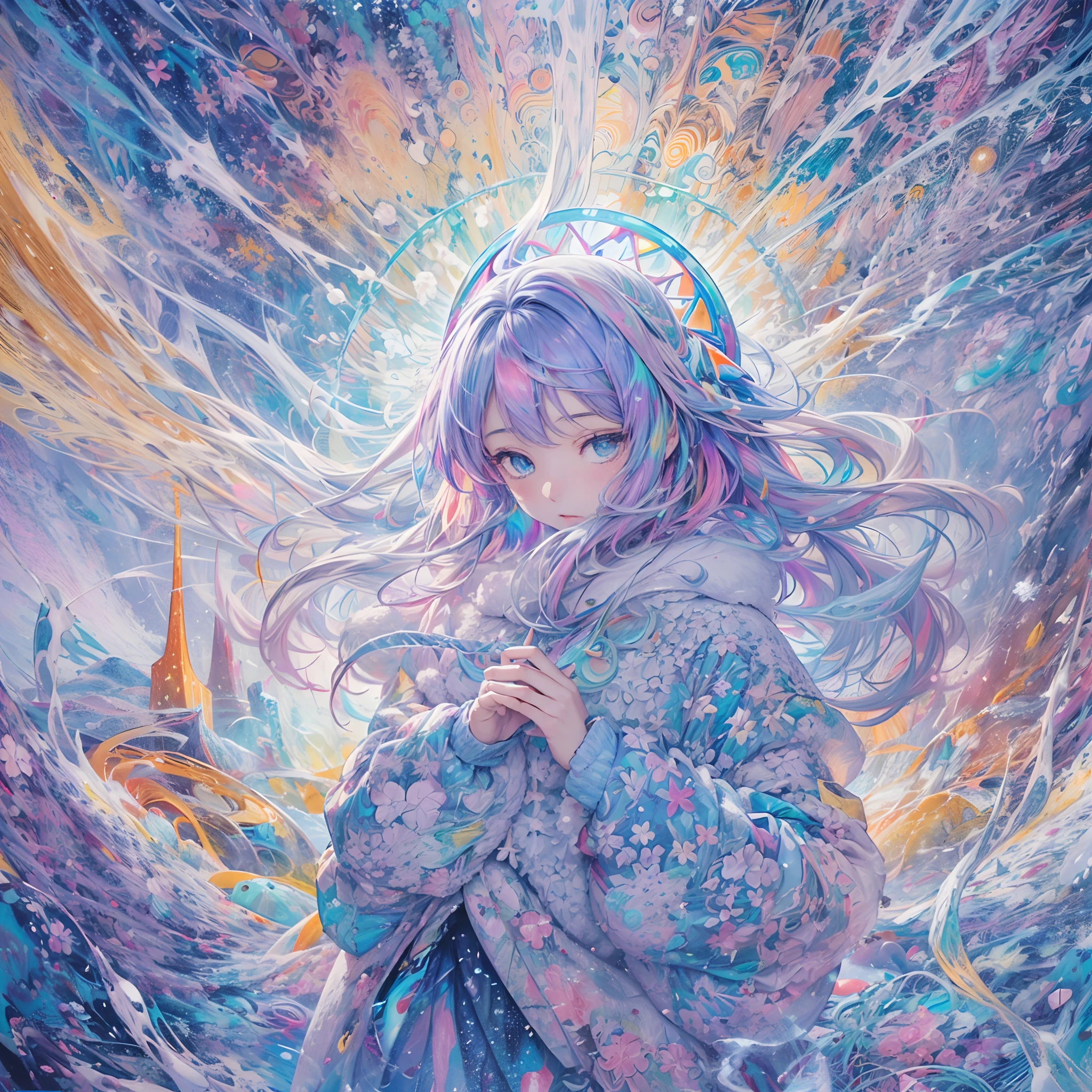 top-quality、masutepiece、1womanl、独奏、20yr old,(abstract art:1.4),(Psychedelia Theme:1.4),(Blue World)、There is a beautiful woman at the center of the world,A ray of light spreads,Snow and ice crystals spreading from the center,Diamond Dust,prisma