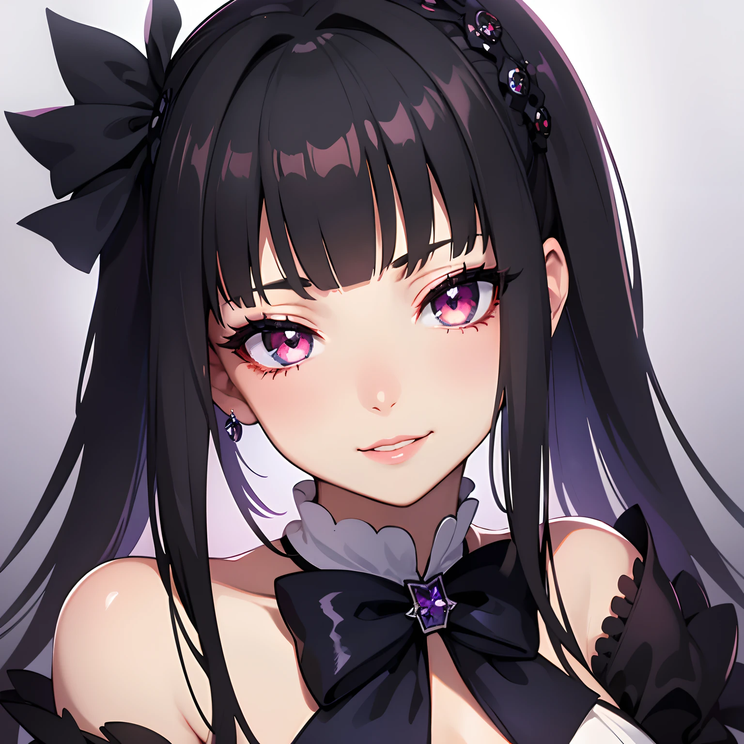 A smile,a beauty girl,beautidful eyes,Nasty eyes,Erotic look,animesque,head shot,close up of face,s lips,Glossy lips,Eyes Like Gems,long lashes,eyeshadows,lip stick,a ,frilld,bow ribbon,Gothic lolita,A dark-haired