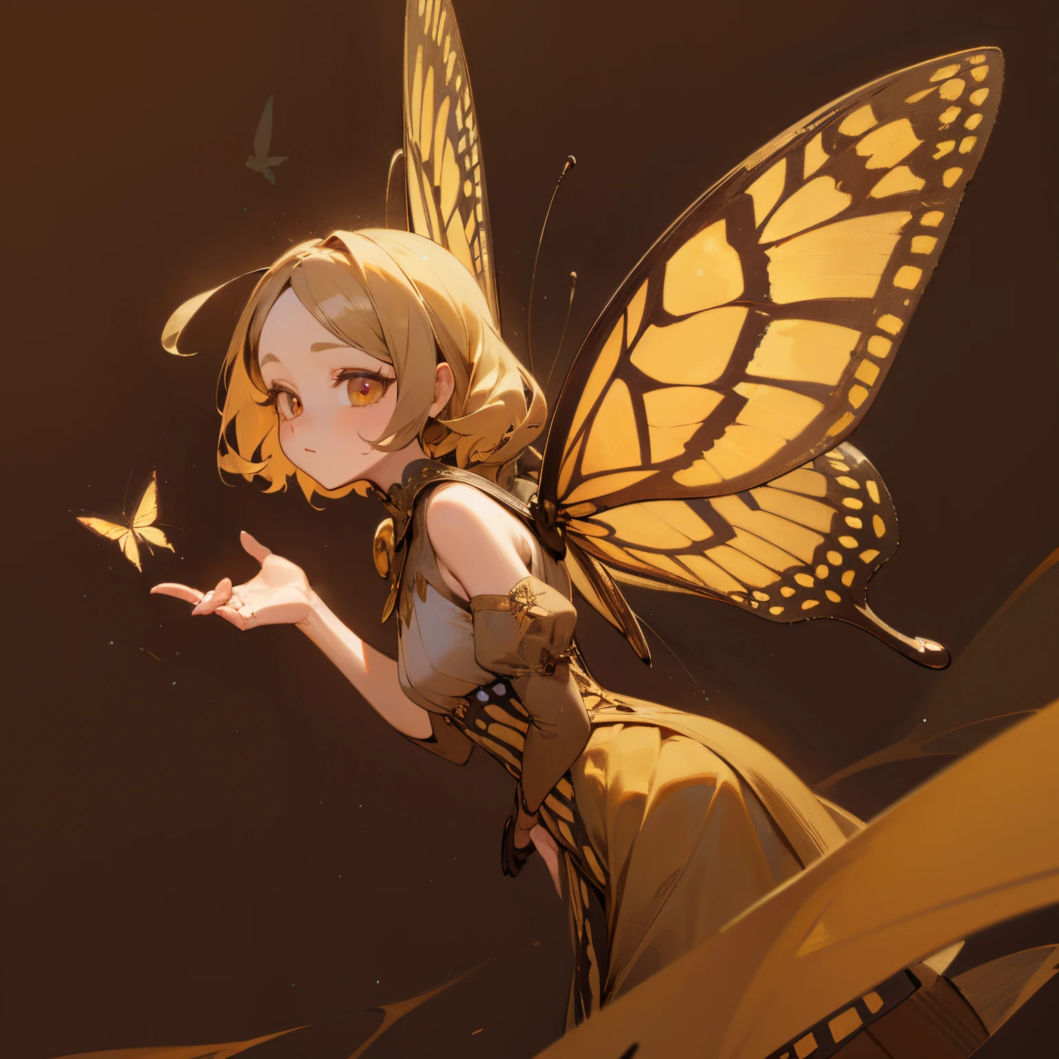 sephia moth girl, brown coloured aesthetic, sephia tones, moth butterflies, intricate eye makeup, detailed eyes, butterflies flying around her, simple background, she has mariposa wings