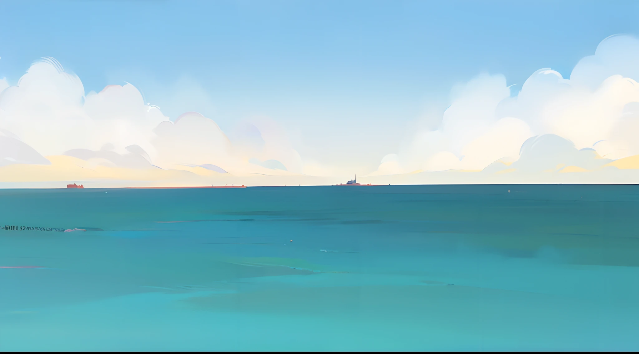 anime background, ocean, blue pink sky with white clouds, landscape,