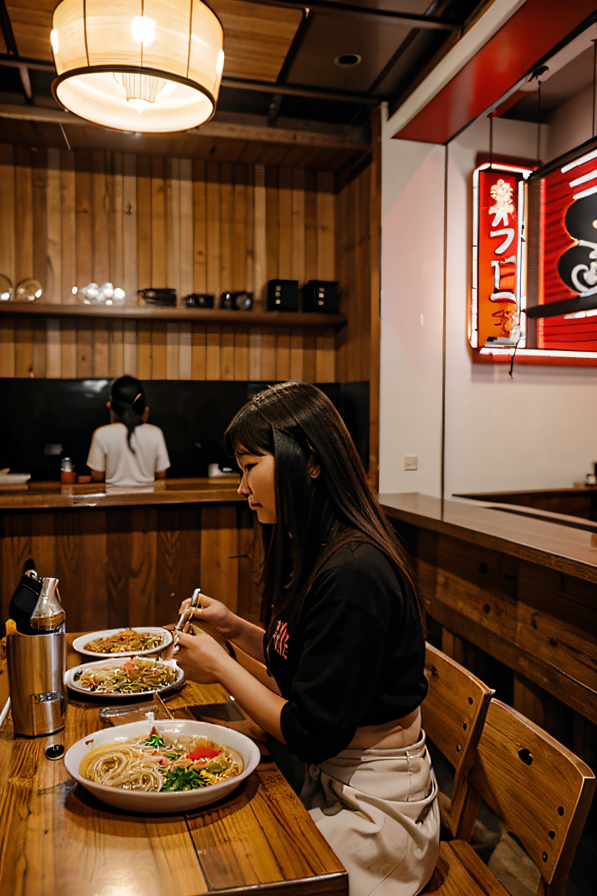 Inside the ramen shop，2 people dining