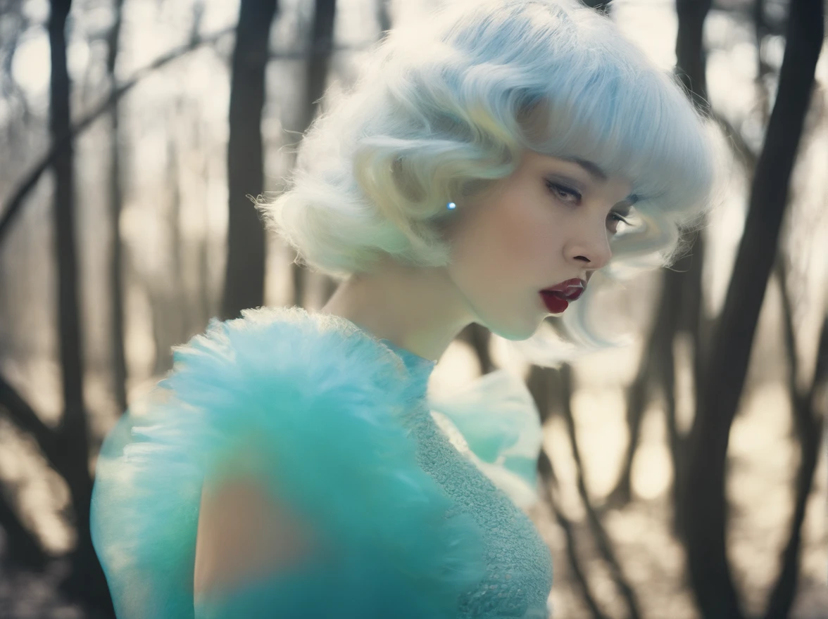 diana frost beauty, in woods,flash photo, Being chased, Norinobu Shinoyama, play with light and shadow, Excessiveness, Surreal details, surrealist style image、
