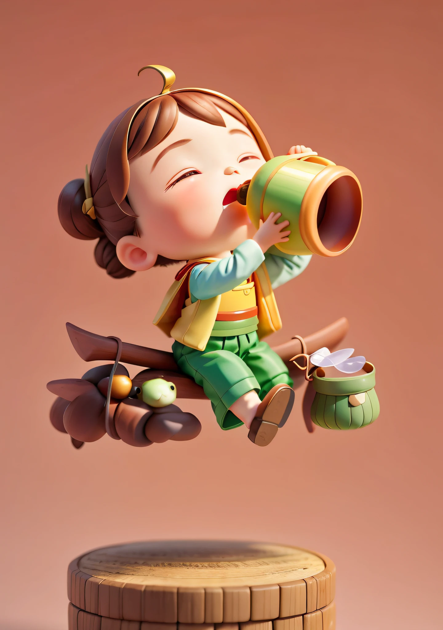 A blind box toy,A cute antique little boy,drinking water,Brown hair long,Bunched hair,wearing a hanfu,sit on a heavy burden