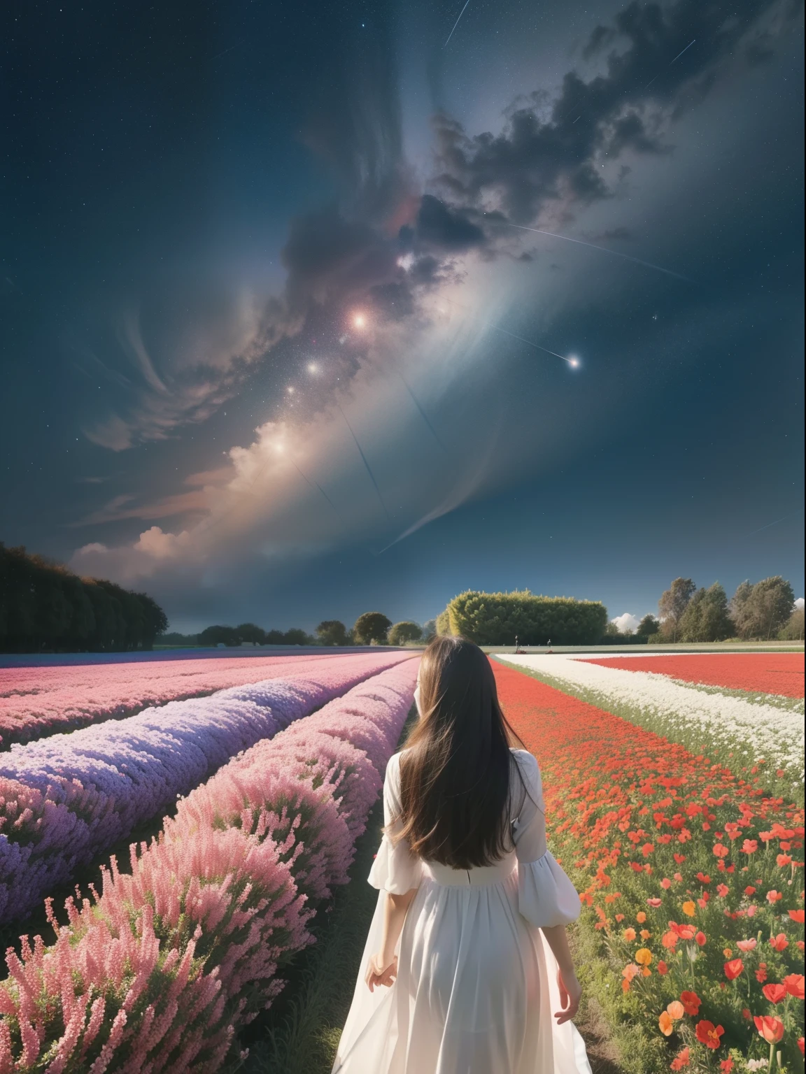 There is a girl standing in a flower field looking up at the sky, A girl stands in the flower field, A girl walks in a flower field, Lost in fantasy wonderland, standing in flower field, Fantastic digital painting, The sky is gradually clearing, The starry sky gradually receded
