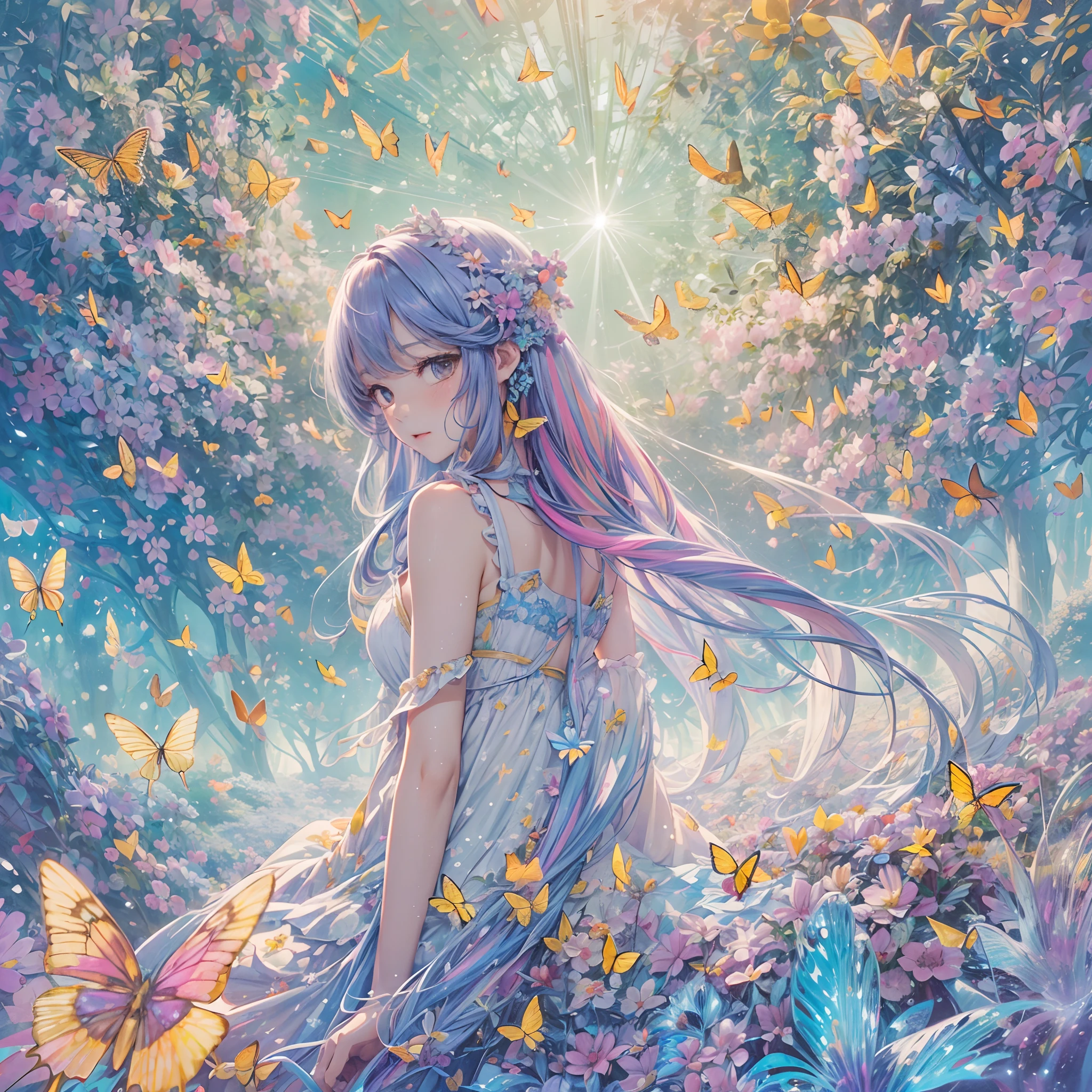top-quality、masutepiece、1womanl、独奏、(abstract art:1.4),(Psychedelia Theme:1.6),(Blue World)、There is a beautiful woman at the center of the world,A ray of light spreads,Snow and ice crystals spreading from the center,Diamond Dust,prisma(Nostalgic atmosphere),Cool morning clouds are calm and peaceful,The tree々Gentle sunlight illuminates the space.,Like multicolored glass,Garden Girl,gentle sunlight,Soft breeze,Delicate flowers,Butterflies flutter by,Mesmerizing natural beauty,Fragments of Shining Stars,