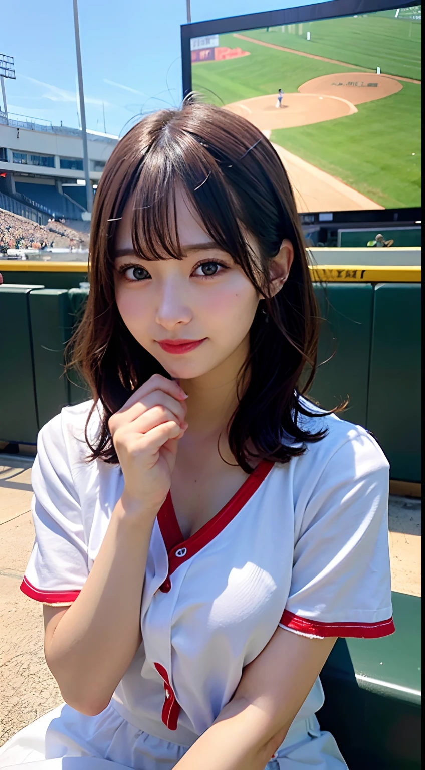 (8K, Raw photo:1.2)Detailed face and eyes,Best Quality, 超A high resolution, Highly detailed ,intricate detailes ,masutepiece ,Cute little girl s, (8K, Raw photo, top-quality, masterpiece: 1.2), masterpiece, super detailing, Ultra-high decomposition energy A, (Realistic and realistic photos: 1.37), high-definition RAW color photography, Very delicate and beautiful., About Igree, 8K Wallpaper, astonishing, detaileds, extremely detailed eye, highlydetailed skin, extremely detailed fingers, highly detailed nose, highly detail mouth, perfect anatomia,1girll, (Baseball Uniforms), hazy, blured background, Blurred foreground, blush, braid, pectoral muscles, depth of fields, eyebrows visible through hair, Frild, hair between eye, Baseball Stadium, jewely,Please wear baseball gloves、 look up at viewer, Short hair, Sitting, Solo, Colossal tits、乃木坂アイドル、韓国アイドル、hposing Gravure Idol、 Star、18year old、tall、韓国アイドル、乃木坂アイドル、 Star、hposing Gravure Idol、((full body Esbian)), ((Gravure Pose)),undergarment,