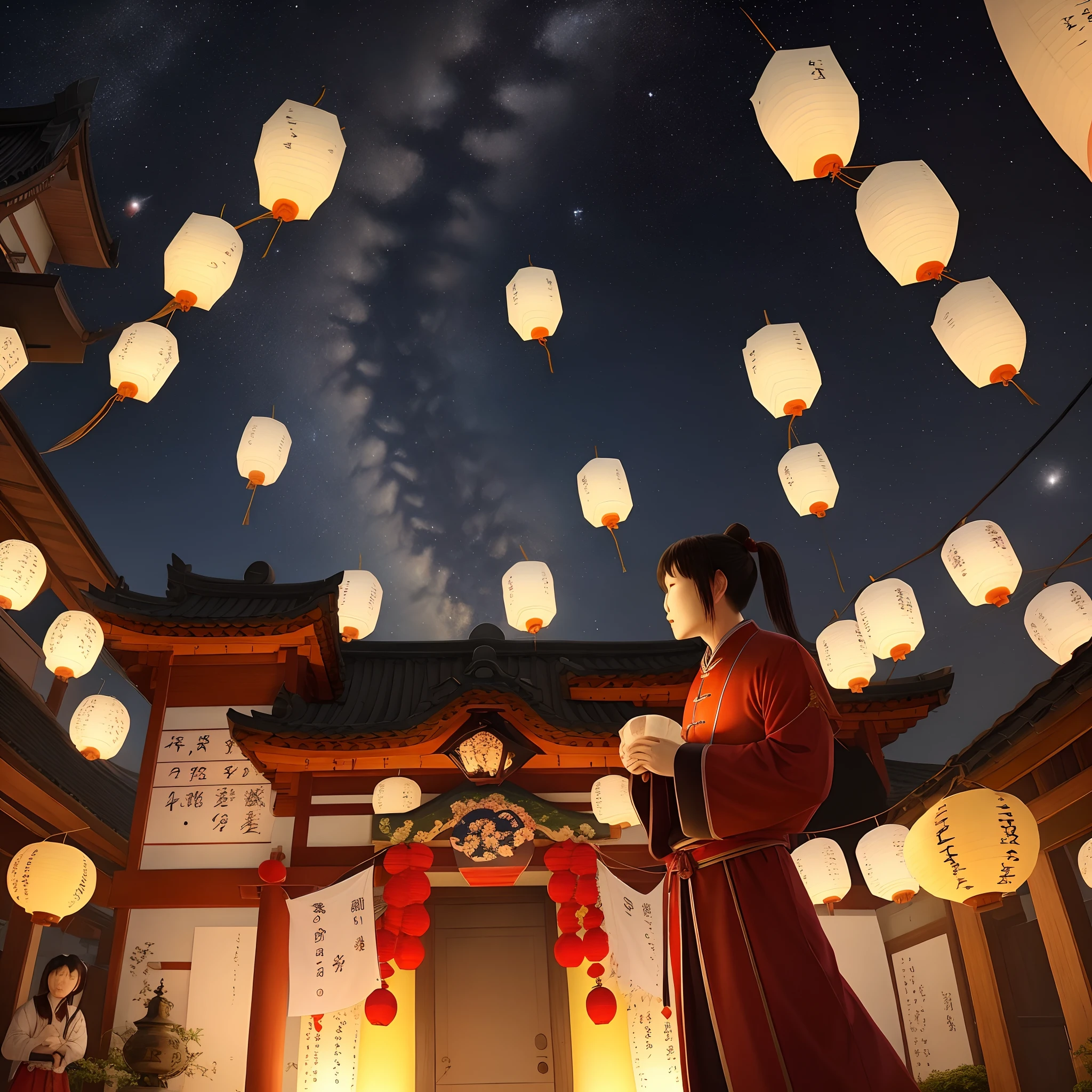 Pray for Kongming Lantern,The sky is dotted with stars at night,There are many Kongming lanterns