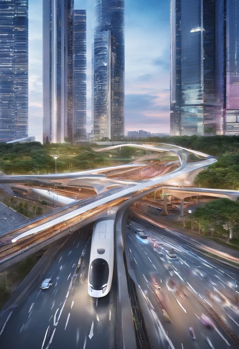 Tall structures，transportation innovation，velocity，efficiency，High-speed rail connectivity and convenience，Stylish design，Future-proof，Across borders，Modern society，High-speed rail urban lifestyle，Seamless travel experience，Connectivity，urban transformation，Urban Infrastructure，Urban transportation innovation，High-speed rail urbanization revolution，modernn architecture，smart city，intercity travel，Architectural marvel，Urban transportation，rapid urbanization，High-speed rail green transportation，Efficient public transportation，towering structure，forward-looking urban planning，energy saving system，metropolitan dream，high speed rail high speed rail high speed rail