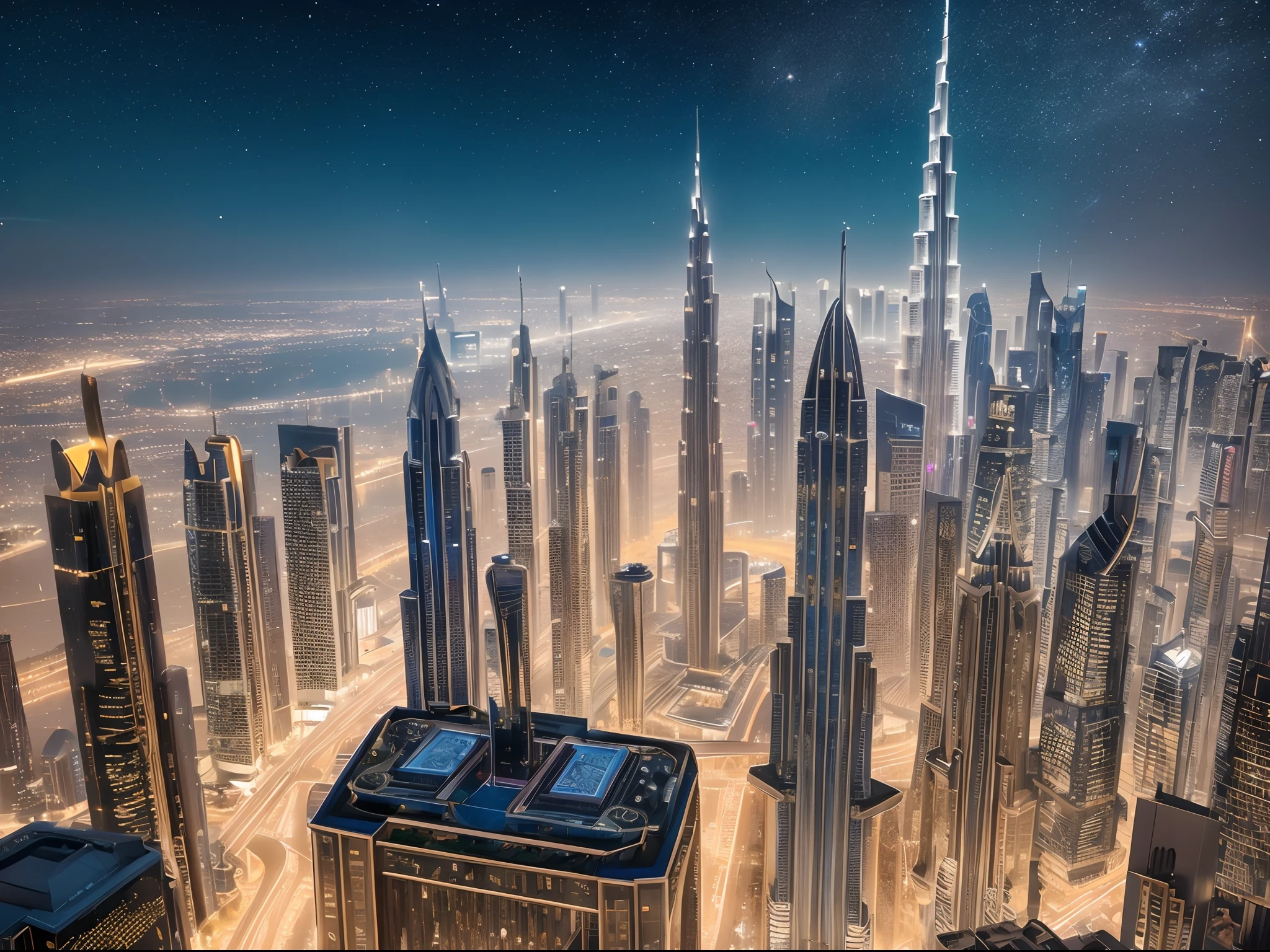 Generate a hyperrealistic cityscape that blends the architectural wonders of Dubai with the whimsical essence of a fairytale. Imagine a utopian metropolis where skyscrapers are adorned with intricate vines and luminescent flowers, casting an otherworldly glow against the night sky.