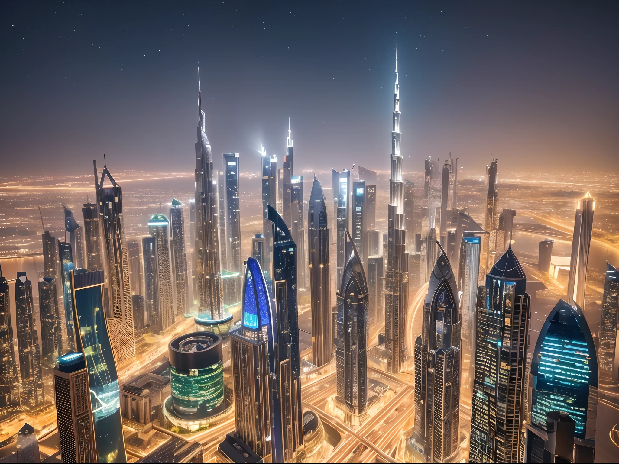 Generate a hyperrealistic cityscape that blends the architectural wonders of Dubai with the whimsical essence of a fairytale. Imagine a utopian metropolis where skyscrapers are adorned with intricate vines and luminescent flowers, casting an otherworldly glow against the night sky.
