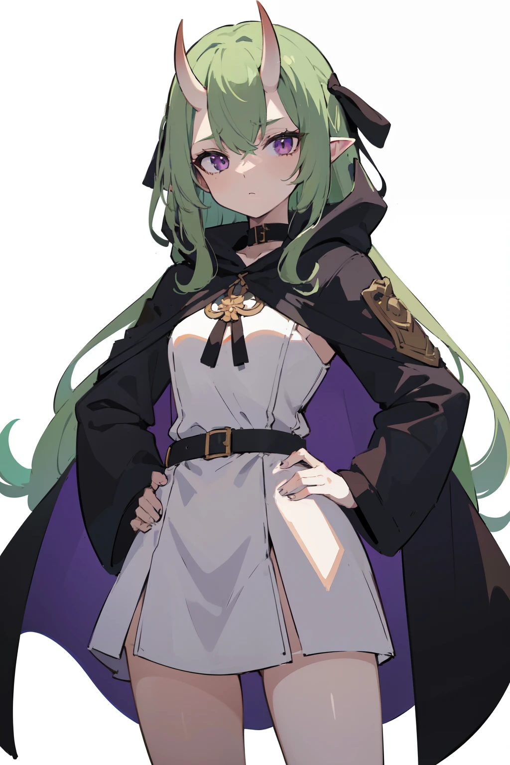 masterpiece, best quality, 4k, 1girl, solo, beige hair, light green hair, pale green hair long hair, open forehead, purple eyes, small breasts, oni girl, oni horns, serious, neutral, black cape, hood on, belts, cultist outfit, standing, hands on hips, looking at viewer, white background, simple background, transparent background