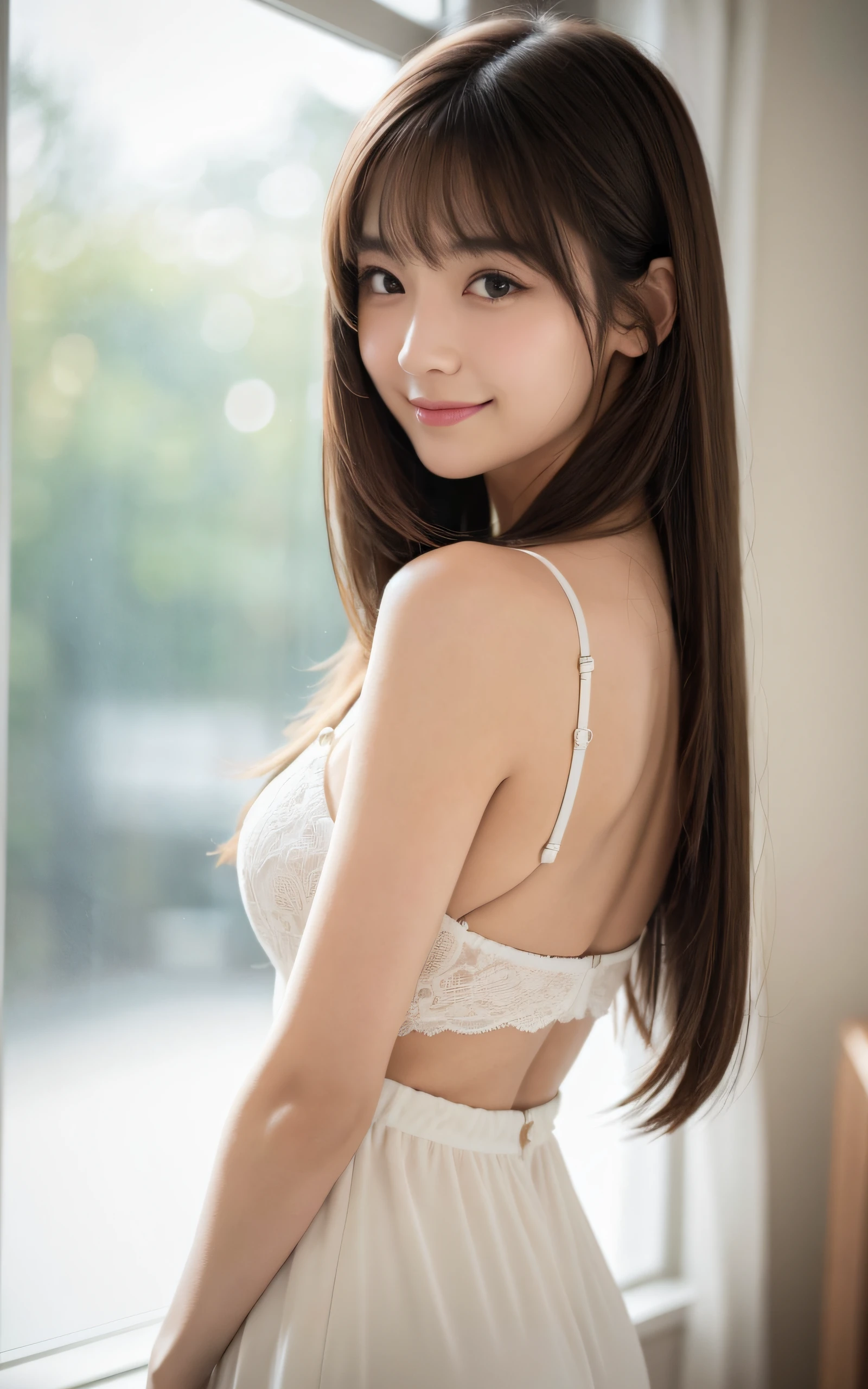 (masterpiece,highest quality,超A high resolution),Japanese women, (((very cute  girl))), look at the photographer, Front view, ((Long Hair)), Super cute face, Glossy lips, Double eyelids on both eyes, focus the eyes, Natural Makeup, bangs, Shiny and smooth light brown long hair, (((Upper body close-up))), big breasts, Perfect limbs, Perfect Anatomy, ((upper body is naked)), Very beautiful nipples, (((Lace camisole))), ((Smile)), bedroom at night, (Showing beautiful erect nipples:1.3), (close one eye), ((focus on chest:1.2)), View your viewers, (flip up the camisole:1.3), NSFW, Perfect and natural fingers, 