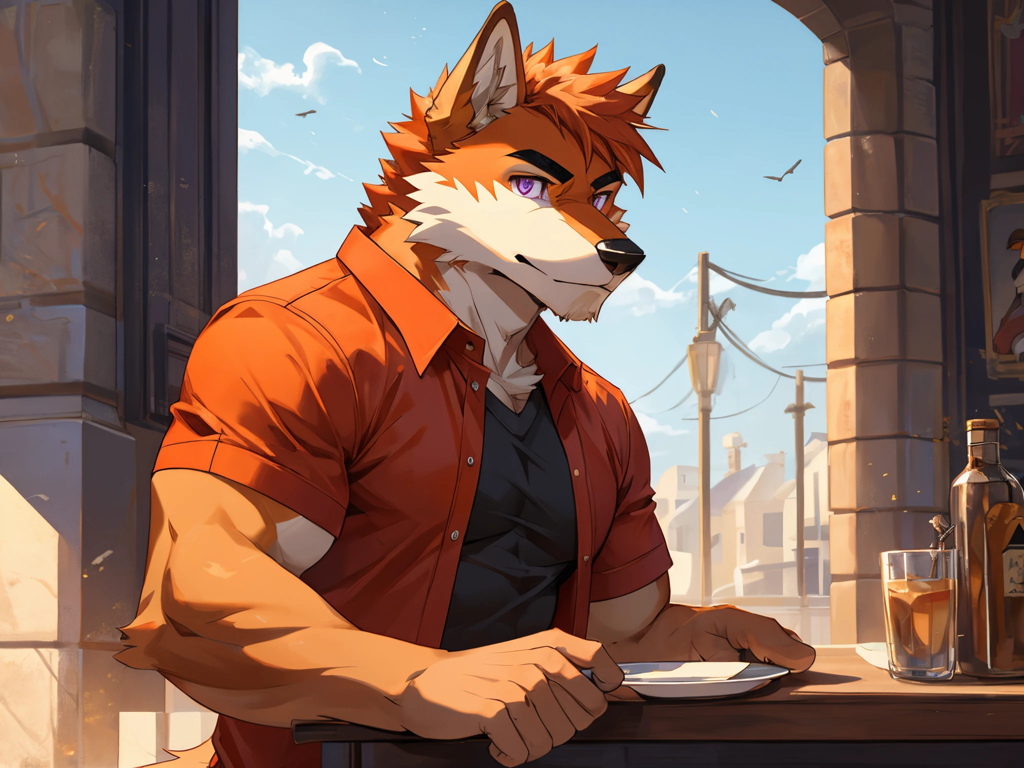 Masterpiece, Solo, Furry Orange Wolf, Orange Fur, Purple Eyes, Orange Medium Hair, Thick Black Eyebrows, Medium Muscular Body, Cool Pose, Charming, Handsome, Good Looking, Casual Shirt, Frowning.