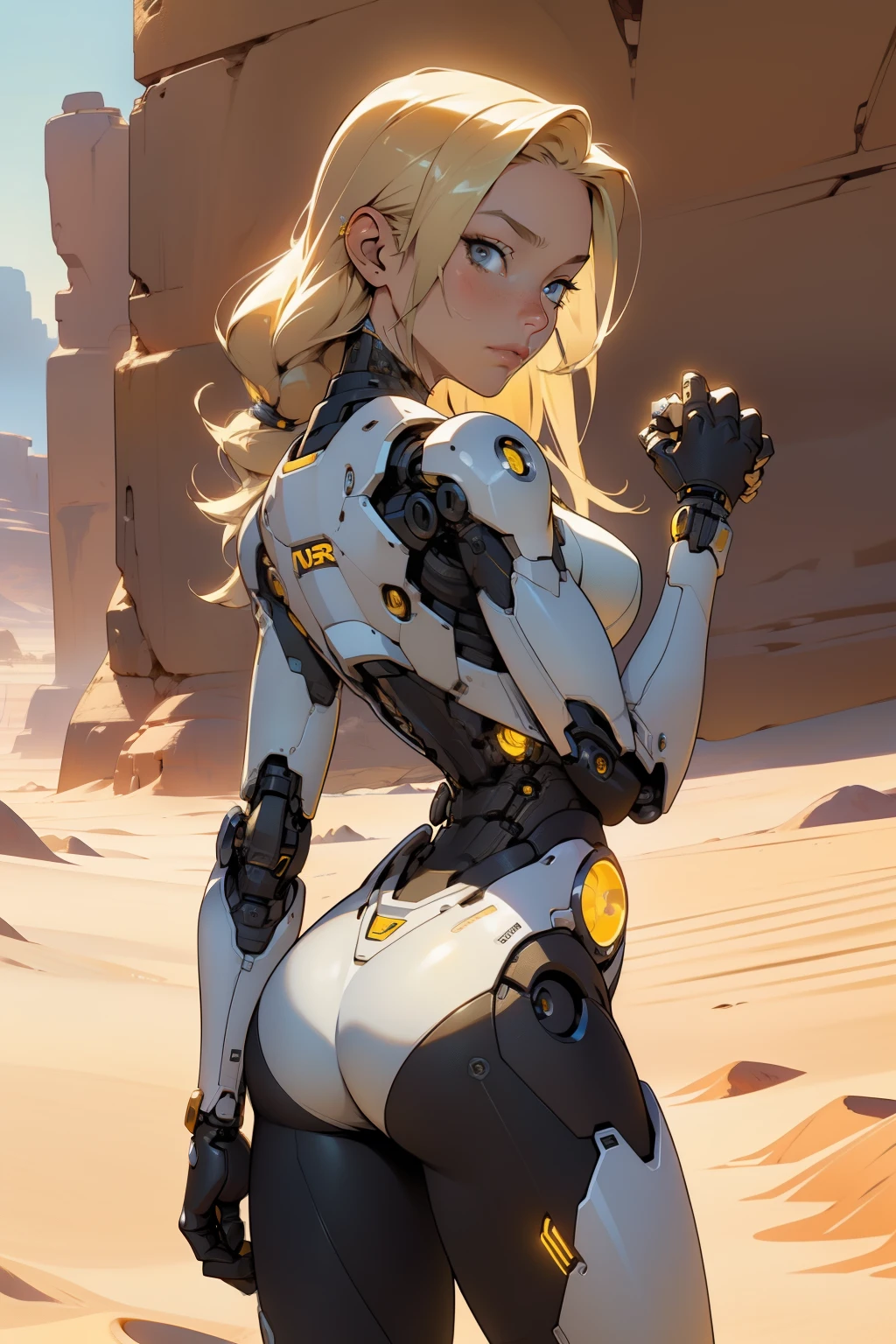 high quality, 4k, masterpiece, beautiful, cyborg girl, cowboy shot, dull eyes, back side, turning around to look at viewer, long blonde hair, girl, small breasts, fit thigh, robotic arms, robotic body, cyborg body, yellow accent, redaccent, intricate detail, joint, detailed lines, robotic detail, holding fist up, holding hand up as fist, color robotic parts, robotic parts with color, perfect fingers, on a desert planet, sunny background, colorful desert,