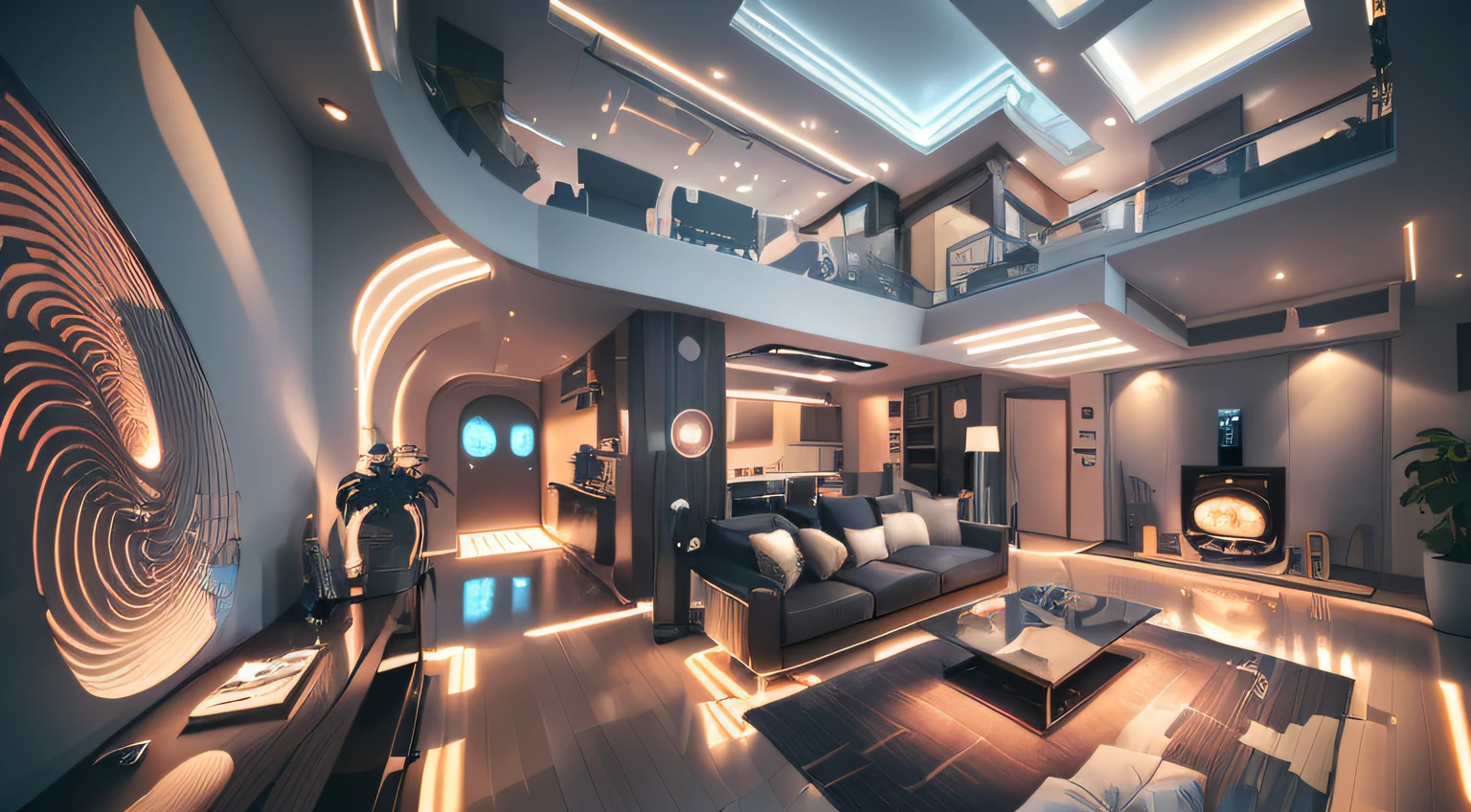 Crazy detailed wide-angle architectural photography, cozy modern living room, interspersed with lights and shadows, award-winning futuristic technology interior design, architecture, furniture, interior, architecture, living room, room, carpet, plants, home décor, sofa, chair, interior design full of futuristic technical style, surrealism, art deco, interior architecture, glowing light, first-person perspective, wide-angle lens, panorama, 135mm, UHD, high detail, 8k, high resolution
