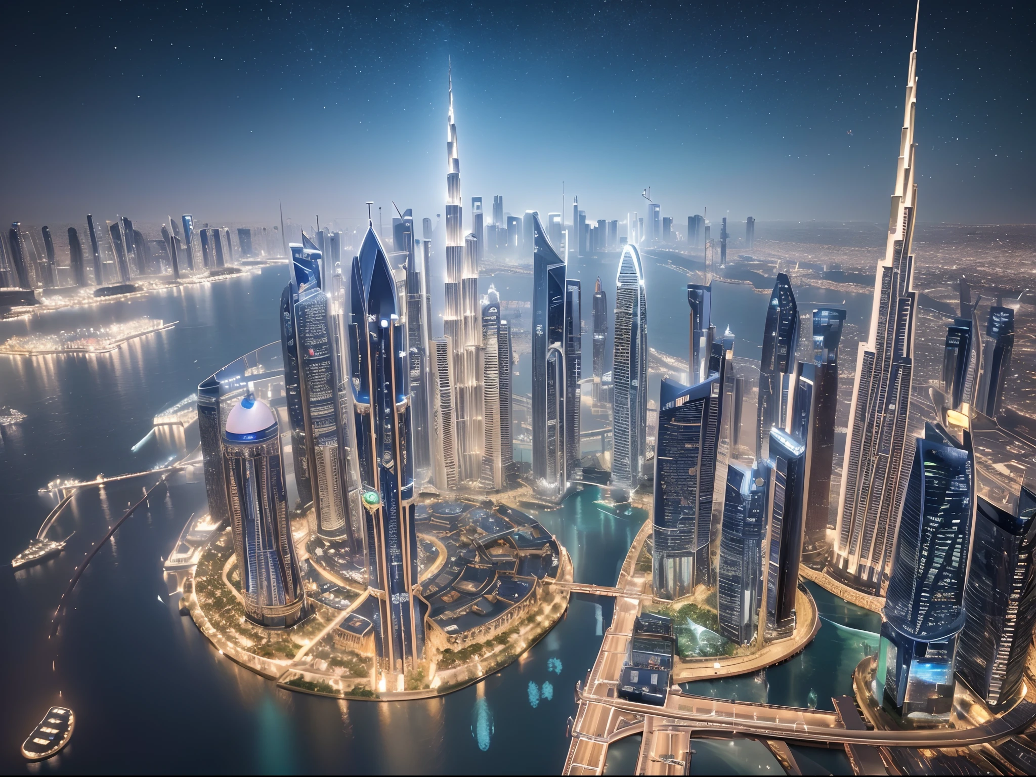 Generate a hyperrealistic cityscape that blends the architectural wonders of Dubai with the whimsical essence of a fairytale. Imagine a utopian metropolis where skyscrapers are adorned with intricate vines and luminescent flowers, casting an otherworldly glow against the night sky.