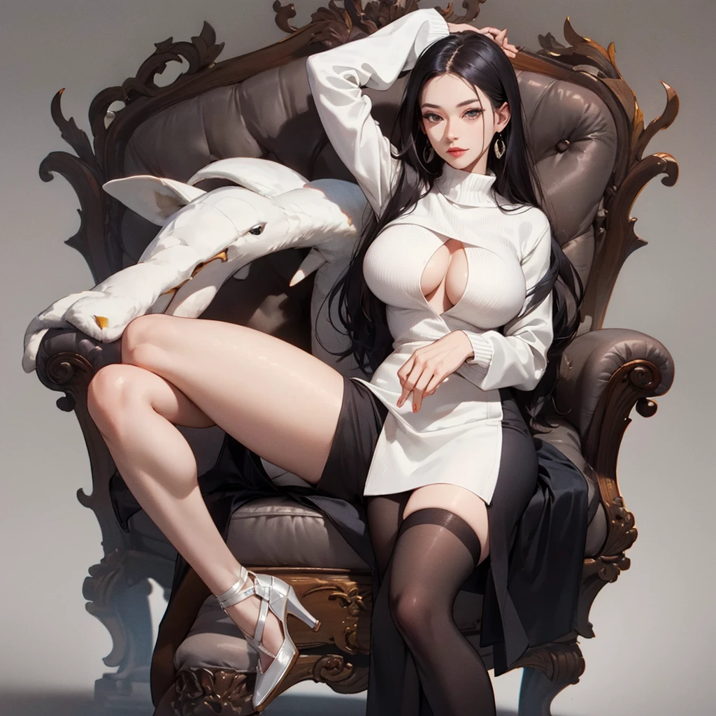 Two-dimensional anime woman，Bigboobs，White sweater，High leg black stockings，black heels，Big breasts are very charming，Lazy，cabelos preto e longos，2D hand drawn，uncovered skin，Hot body，Delicate facial features，Realistic