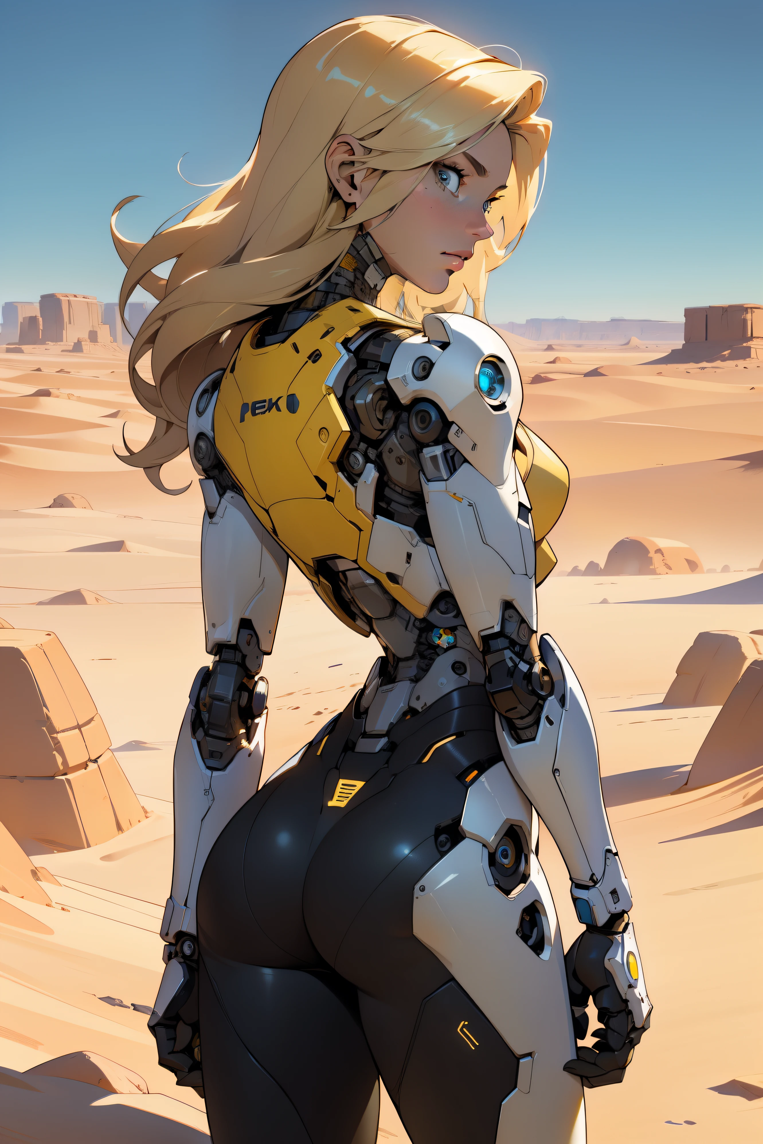high quality, 4k, masterpiece, beautiful, cyborg girl, cowboy shot, dull eyes, back side, turning around to look at viewer, long blonde hair, girl, small breasts, fit thigh, robotic arms, robotic body, cyborg body, yellow accent, redaccent, intricate detail, joint, detailed lines, robotic detail, holding fist up, holding hand up as fist, color robotic parts, robotic parts with color, perfect fingers, on a desert planet, sunny background, colorful desert,