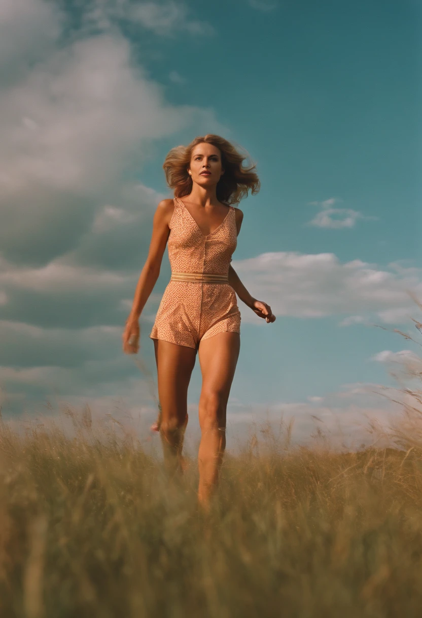 4K images from science fiction movies from the 1970s, real image, Wes Anderson Style, PastelColors, Woman running in grassland wearing retro fashion clothes, Wearing underwear, natural soft light, cinematic, Psychedelia, Strange Futurism, Retrofuturist,