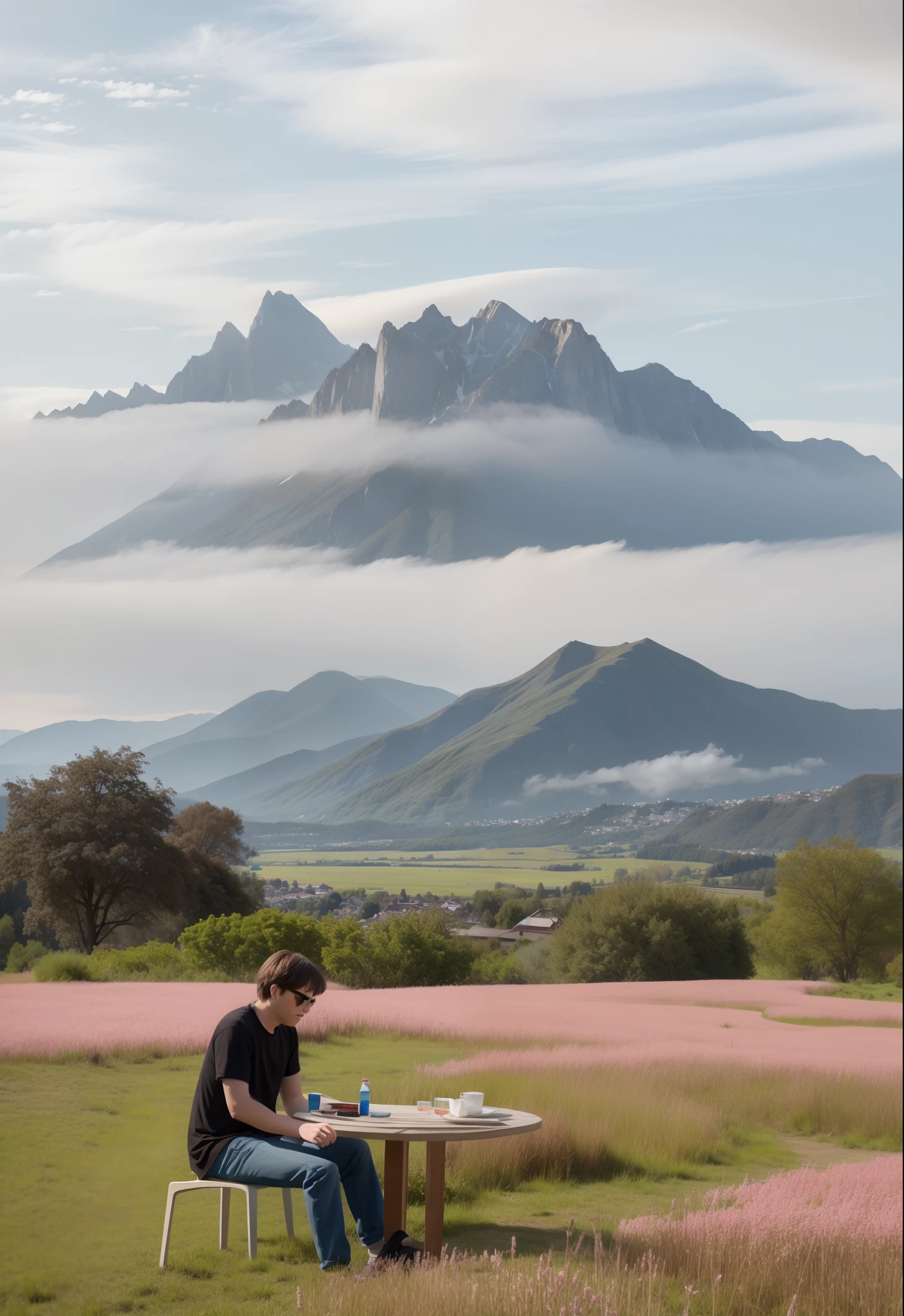There is a man sitting at a table in a field of pink reed grass, behind him are mountains, behind him are mountains, behind him are hills, relaxing time. beautiful view, cute sitting on a mountain, with mountains in the background, in the mountains, mountains in the background, landscape in the background, with fog, with mountains as background, with mountain in the distance, taken with 5dmarkIV camera and 24-70 is2 lens, sharp, realistic photo