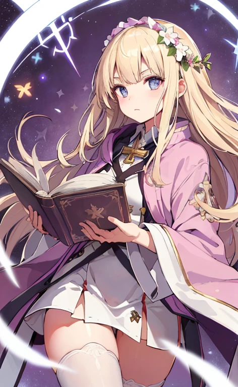 (best quality,high resolution,Beautiful detailed eyes,White lighting:1.2) gray eyes, serious face, blonde hair, bangs, Spellcaster, holding book, casting spell, cross on the background, thigh, wearing robe, pink aura, violet robe, colorful flowers headband, leaf on mouth, high stockings, cross logo on robe, magic cross, heal spell, standing casting, magic circle, tree leaves on mouth