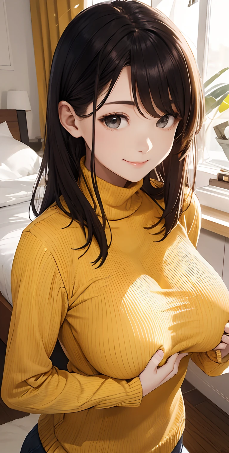realisticlying、 An 18-year-old girl emphasizing her cleavage and smiling((Grab your chest with both hands))、Wearing a yellow turtleneck sweater、Breasts enlarged、Sexy Posing、I'm sweating、Redness of cheeks、