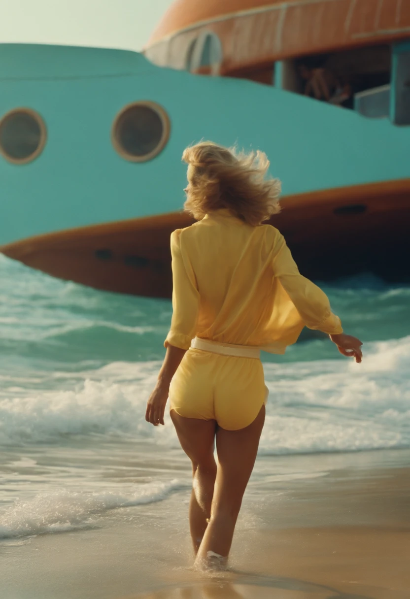 4K images from science fiction movies from the 1970s, real image, Wes Anderson Style, PastelColors, Woman running in the sea wearing retro fashion clothes, Wearing underwear, natural soft light, cinematic, Psychedelia, Strange Futurism, Retrofuturist,
