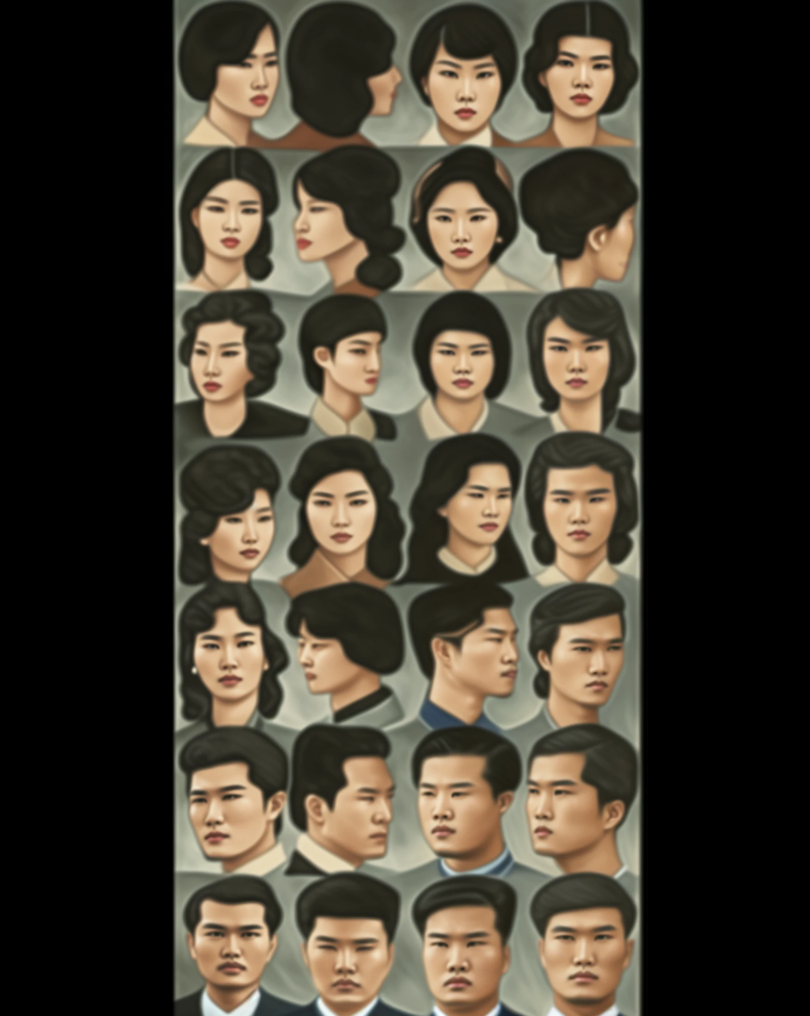 a close up of a group of people with different faces, korean face features, kim jung giu, north korea propaganda style, korean symmetrical face, corrected faces, with fully detailed faces, traditional art, each faces precisely define, human heads everywhere, by Kim Tschang Yeul, real human faces, overshadowing kim jong-il, faces