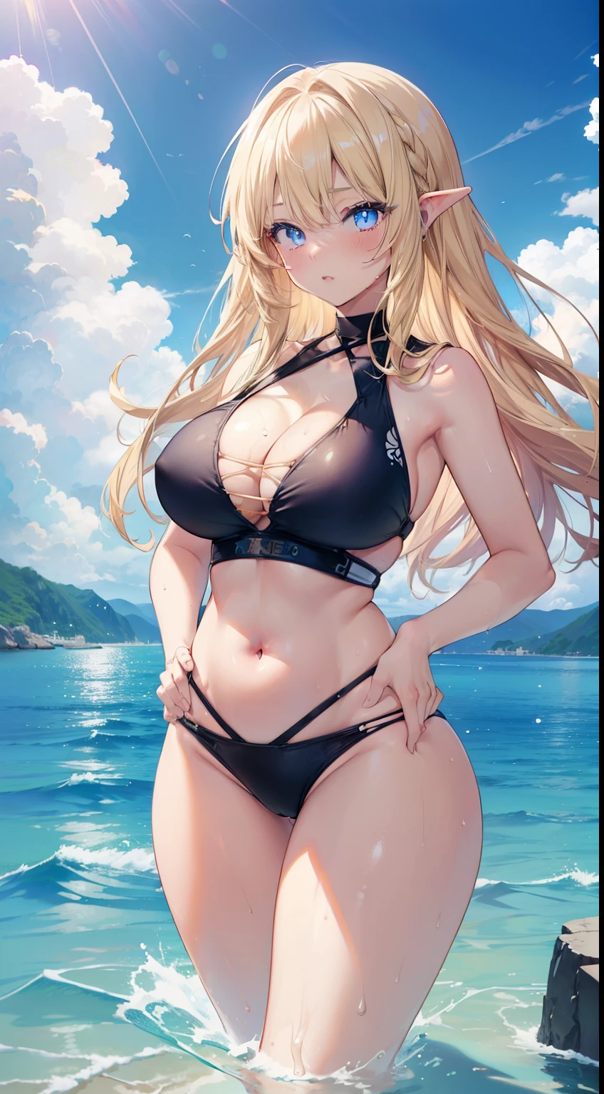 ((masterpiece)), ((4k quality)), ((anime style)), girl, light skin, light blue eyes, eyebrows, nose, ears, mouth lips, blonde, big straight hair, highlights, bangs, (hair lighting effects), neck, (perfect belly), waist, (sexy swimsuit), thick legs, thick thighs, (background scenery), beach, beautiful day, water, water ocean, (ultra detailed water)