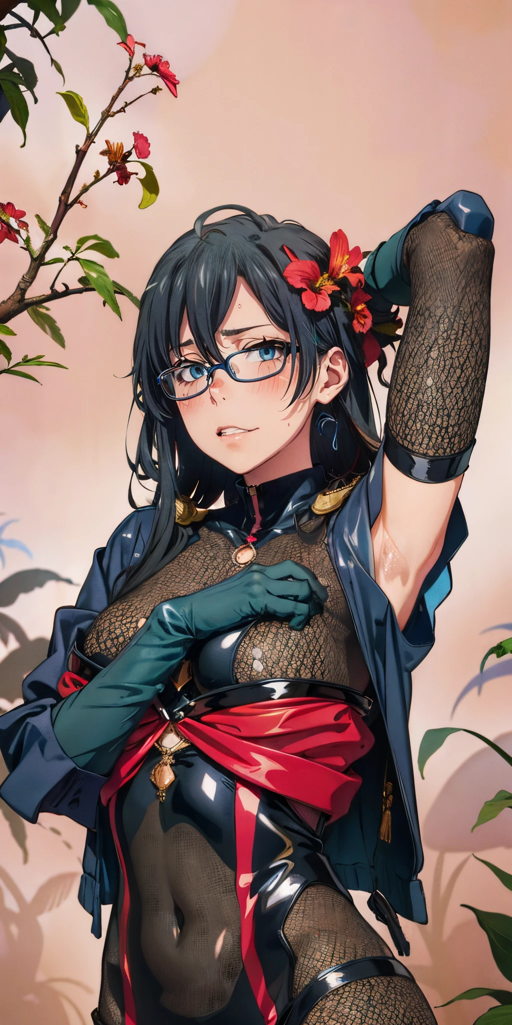 black hair, blue eyes, long hair, glasses, large breasts, 1girl, armpits, covered_navel, gloves, solo, elbow_gloves, flower, hair_ornament, breasts, bodysuit, looking_at_viewer, earrings, closed_mouth, large_breasts, blush, black_gloves, sweat, hair_flower, plant, jewelry, sweat, detailed skin texture, (blush:0.5), (goosebumps:0.5), subsurface scattering, "RAW candid cinema, 16mm, color graded portra 400 film, remarkable color, ultra realistic, textured skin, remarkable detailed pupils, realistic dull skin noise, visible skin detail, skin fuzz, dry skin, shot with cinematic camera",