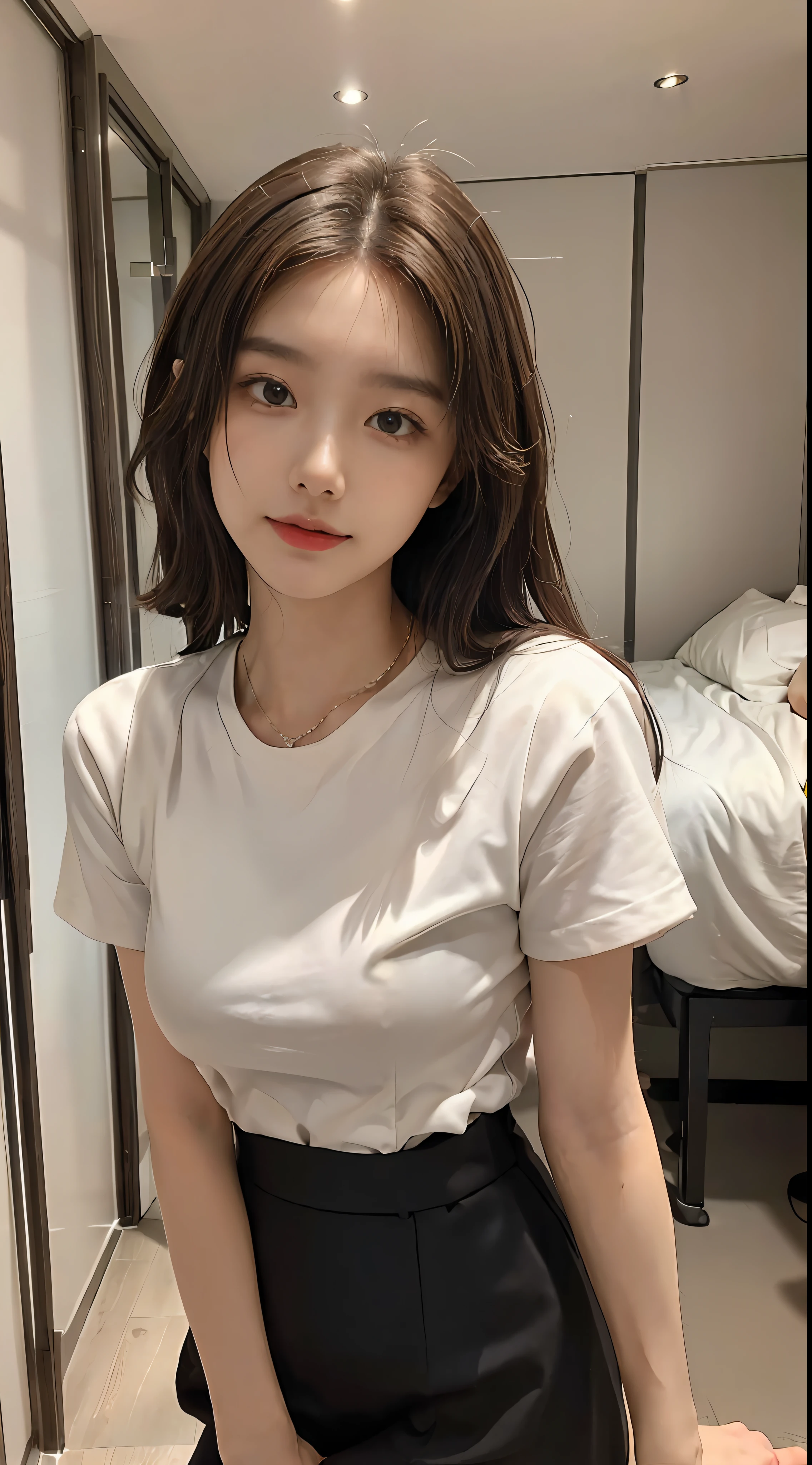 ((Best picture quality, 8K, tmasterpiece: 1.3)), self-shot, Sharp focus: 1.2, A cute beauty with a perfect figure: 1.4, Slim, ((Brown hair black)) , (whitet-shirt，pleatedskirt，Highly detailed face，Happy expression，standing on your feet：1.2），（（The city of blue skies，simple bedrooms：1.3. Produced with a major focus on women）），Highly detailed facial and skin texture，Detailed eyes，二重まぶた