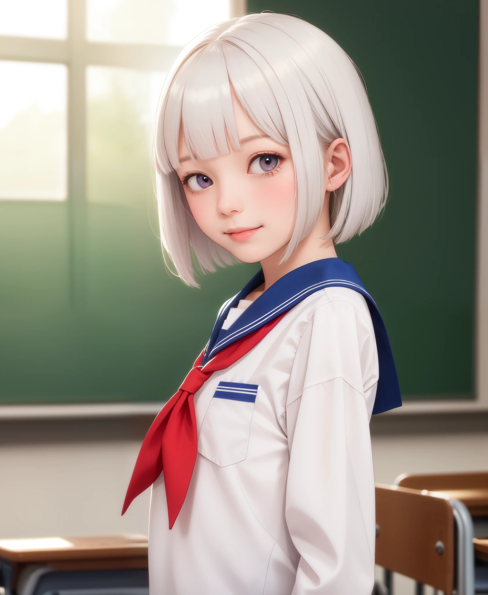 (masterpiece, best quality), 1girl, solo, white hair, short hair, straight hair, blunt bangs, grey eyes, flat chest, narrow waist, petite, pale skin, classroom, sunset, sunbeam, school uniform, white serafuku, red neckerchief, blue sailor collar, looking at viewer, from side, upper body, standing, backlighting, light blush, light smile, hand on own face