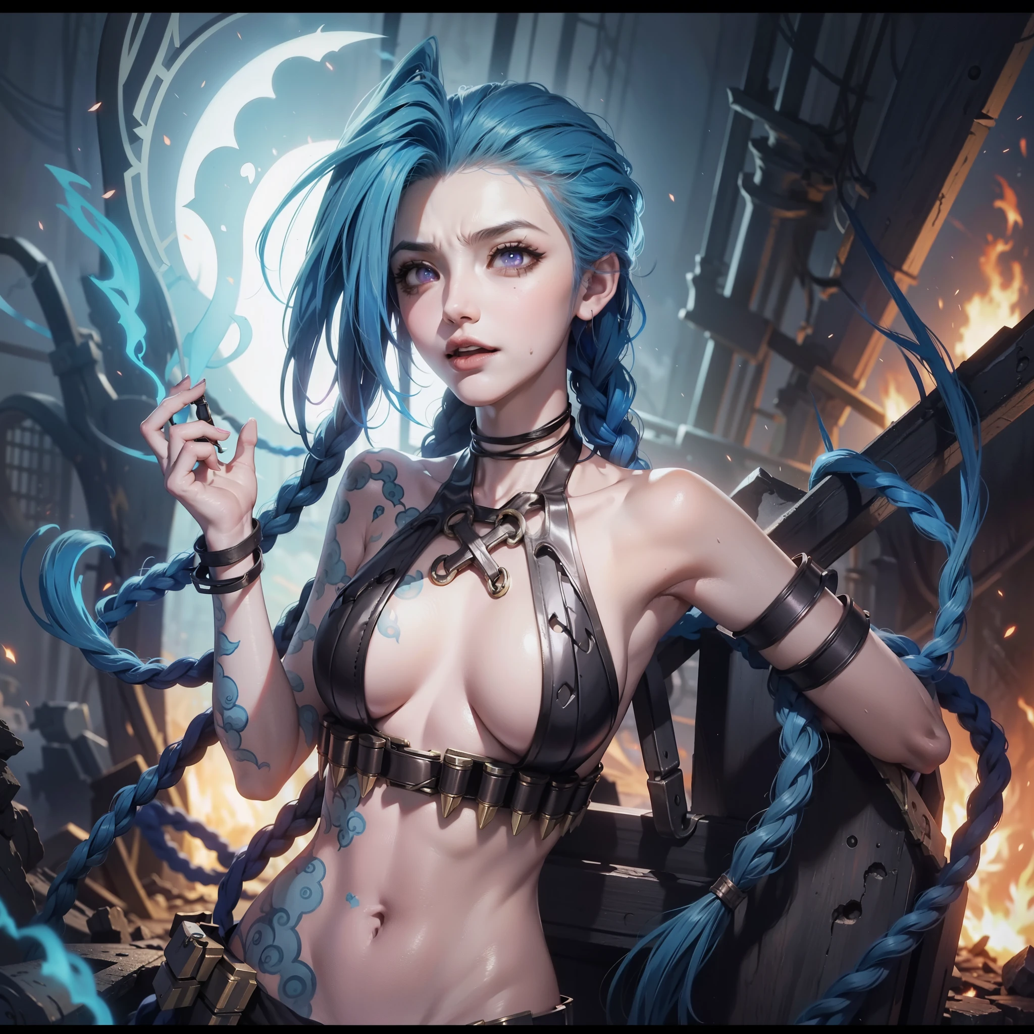 《league of legend》Jinx is surrounded by smoke in the rubble explosion，（Beautifully carved fingers：1.3）（Crazy expression：1.5）irate