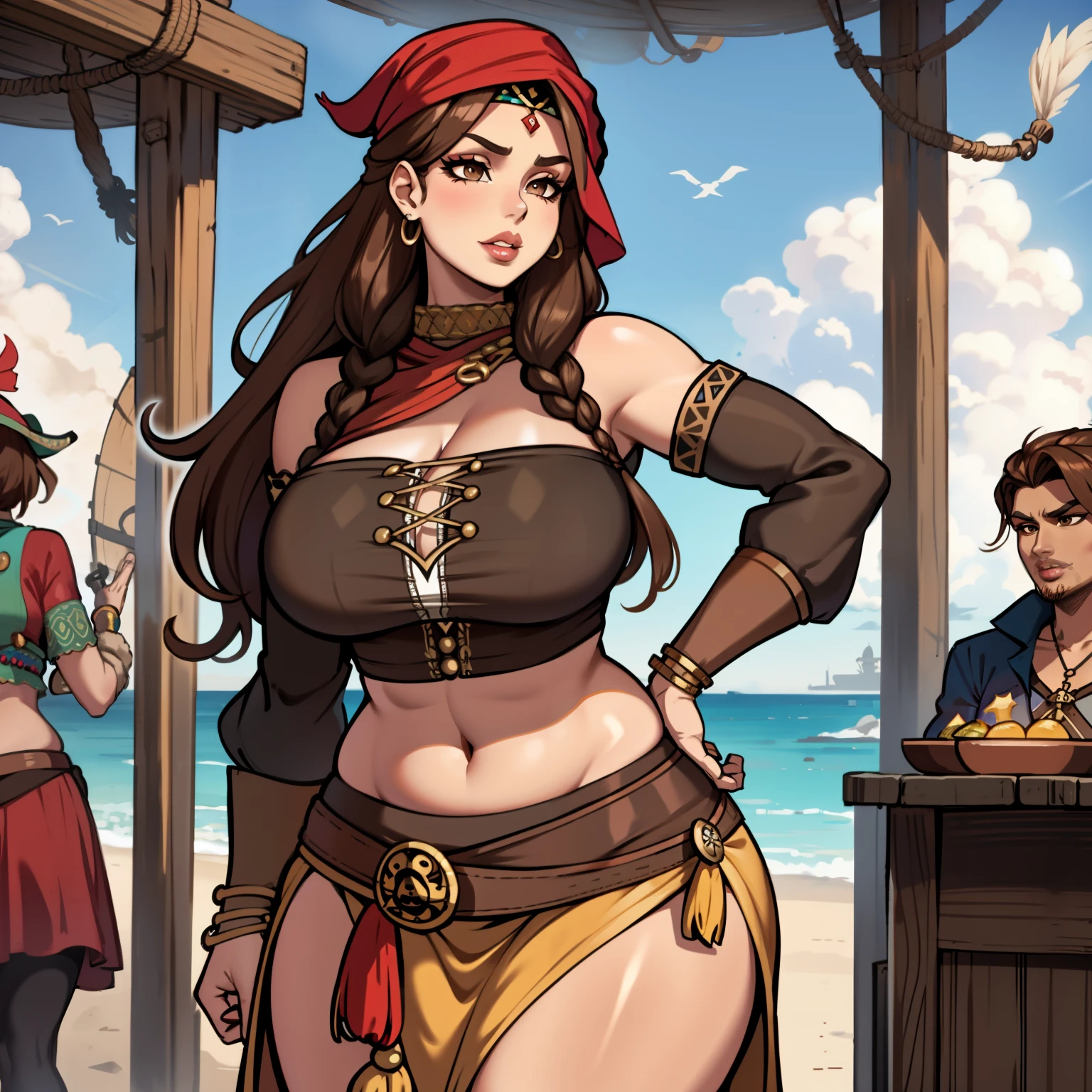 gypsy woman, curvy hips, with light brown hair, with brown eyes, plump lips, i want a bandanna around her head like how pirates use to do, hmmm,, she can have a crop top shirt with flared sleeve and a matching flowy skirt