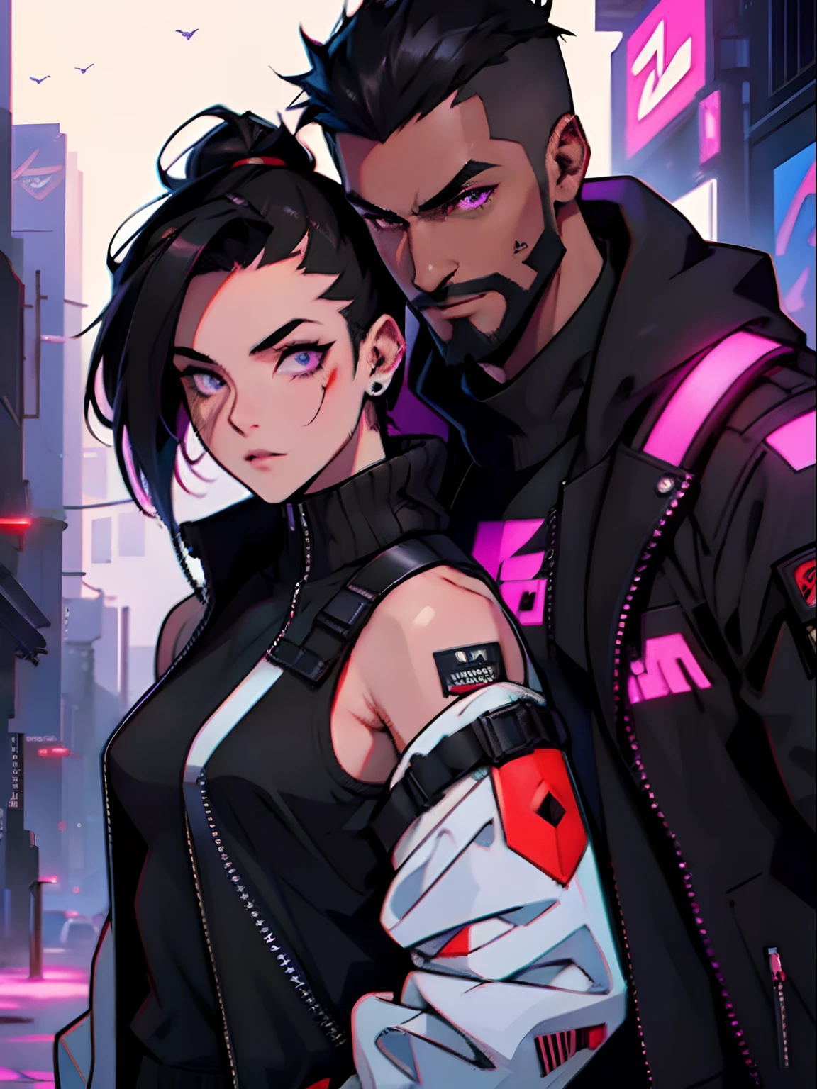 A man with brown skin, strong, muscular, cyberpunk, around 22 years old, stylish, red eyes, red and black clothes, very short black hair with sidecut, with beard. And a woman asian, gamer, cyberpunk, programmer, around 22 years old, medium black hair down to her shoulders with purple tips, purple and black clothes and purple eyes. Couple