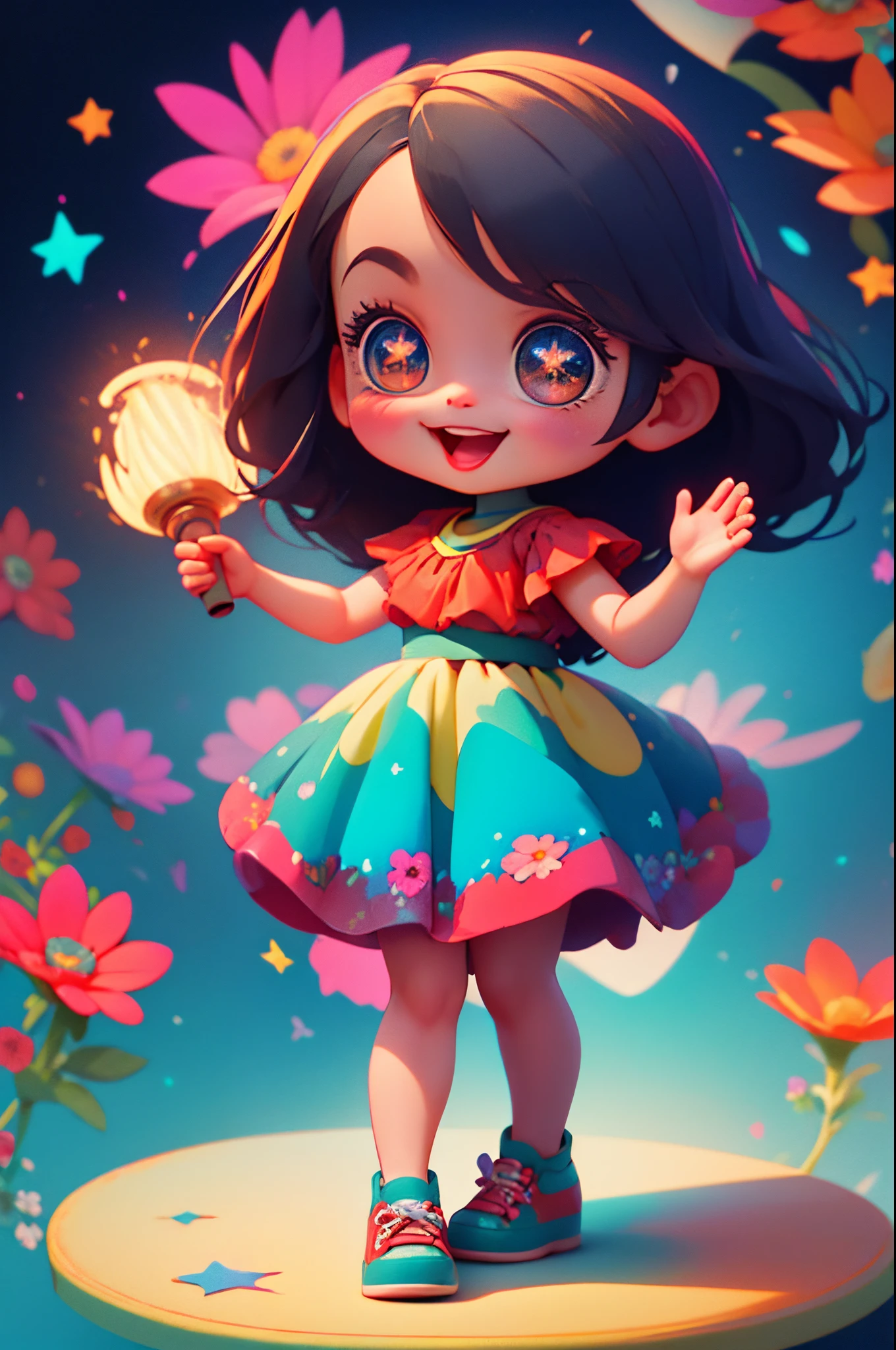 Extremely detailed,(Fractal Art:1.1),(Colorful:1.1)(Flowers:1.3)、 (Dynamic Pose), (Abstract background:1.3)、(Many colors:1.4)、Place one small doll on a circular stand、kawaii pose、A smile、A dark-haired、Chibi Doll、Stars in the eyes（kirakira）、Singing with microphone in hand、Eye Up、Laugh、Cute red shoes、Ultra Detail, radiant light、bio luminescent、Stronger bokeh effect