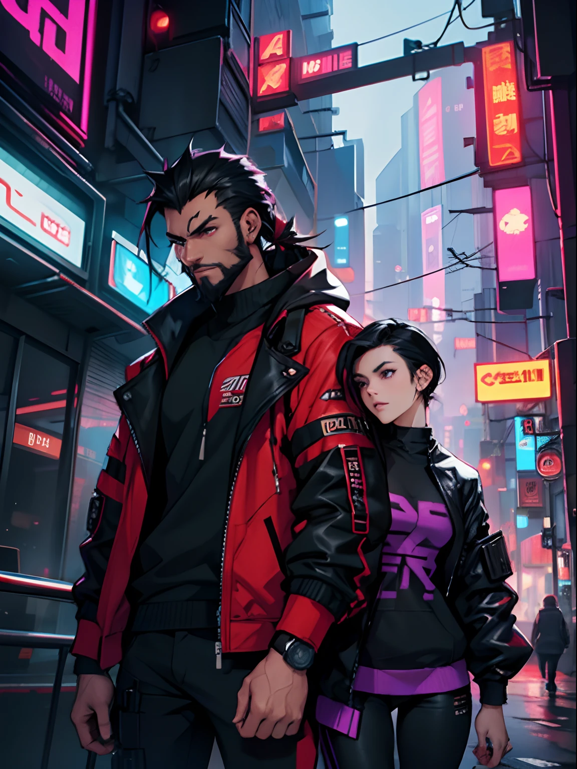 A man with brown skin, strong, muscular, cyberpunk, around 22 years old, stylish, red eyes, red and black clothes, very short black hair with sidecut, with beard. And a woman asian, gamer, cyberpunk, programmer, around 22 years old, medium black hair down to her shoulders with purple tips, purple and black clothes and purple eyes. Couple