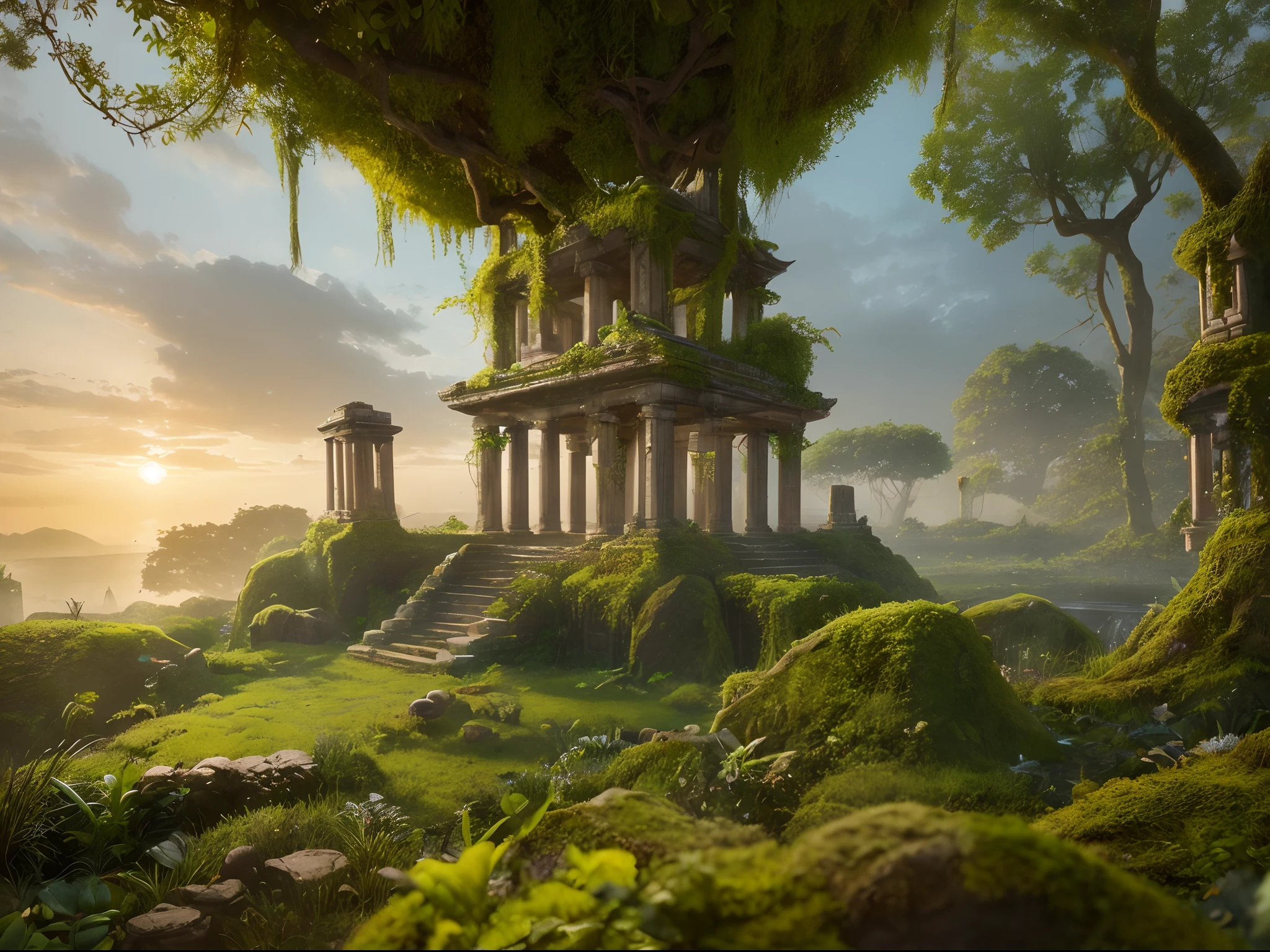 Create a photorealistic depiction of an ancient, overgrown jungle temple at sunset. Illuminate the scene with bioluminescent flora and fauna, and ensure that the details of the moss-covered stones and vines are so realistic that one can almost feel the texture.