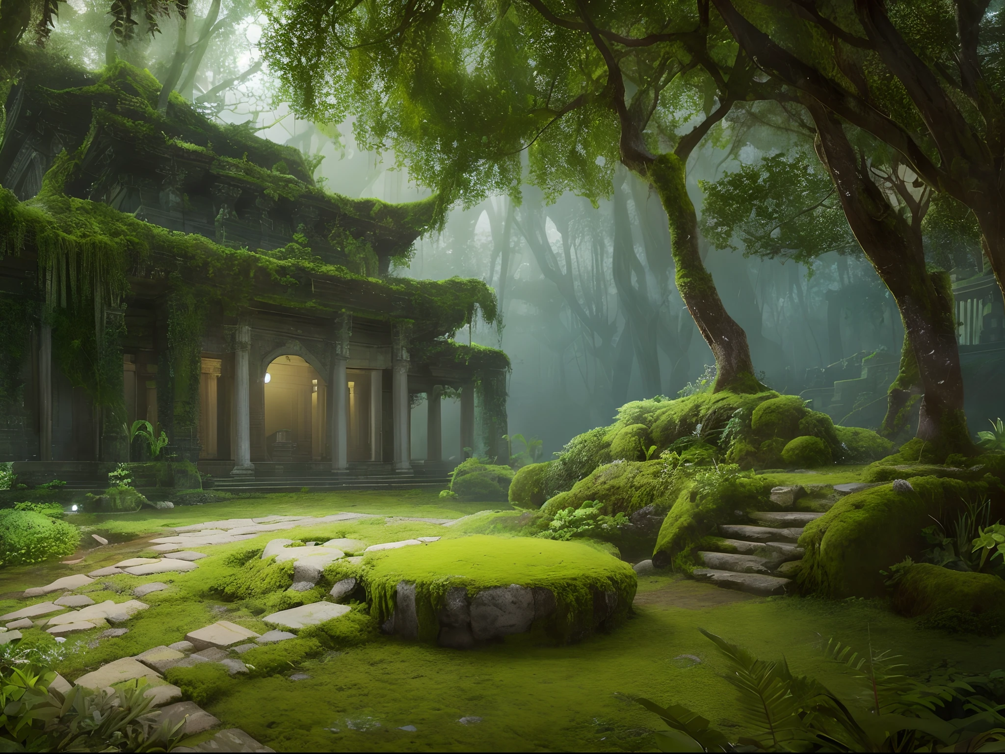 Create a photorealistic depiction of an ancient, overgrown jungle temple at sunset. Illuminate the scene with bioluminescent flora and fauna, and ensure that the details of the moss-covered stones and vines are so realistic that one can almost feel the texture.