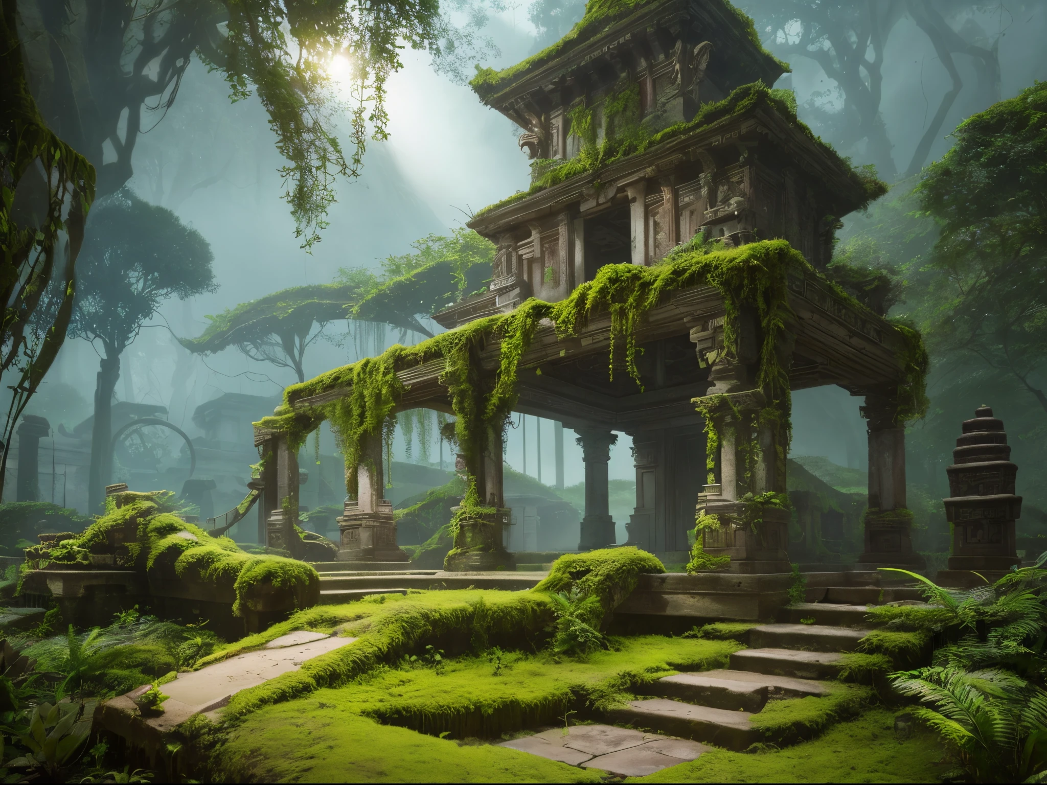 Create a photorealistic depiction of an ancient, overgrown jungle temple at sunset. Illuminate the scene with bioluminescent flora and fauna, and ensure that the details of the moss-covered stones and vines are so realistic that one can almost feel the texture.