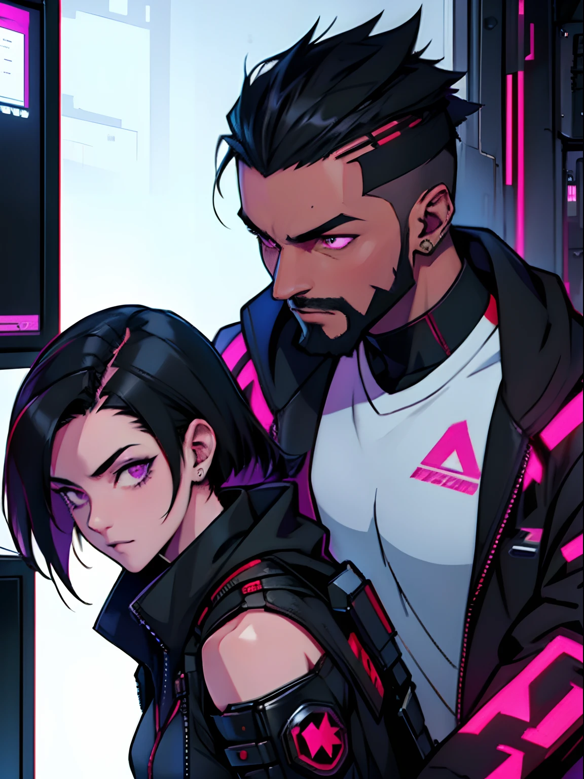 A man with brown skin, strong, muscular, cyberpunk, around 22 years old, stylish, red eyes, red and black clothes, very short black hair with sidecut, with beard. And a woman asian, gamer, cyberpunk, programmer, around 22 years old, medium black hair down to her shoulders with purple tips, purple and black clothes and purple eyes. Couple