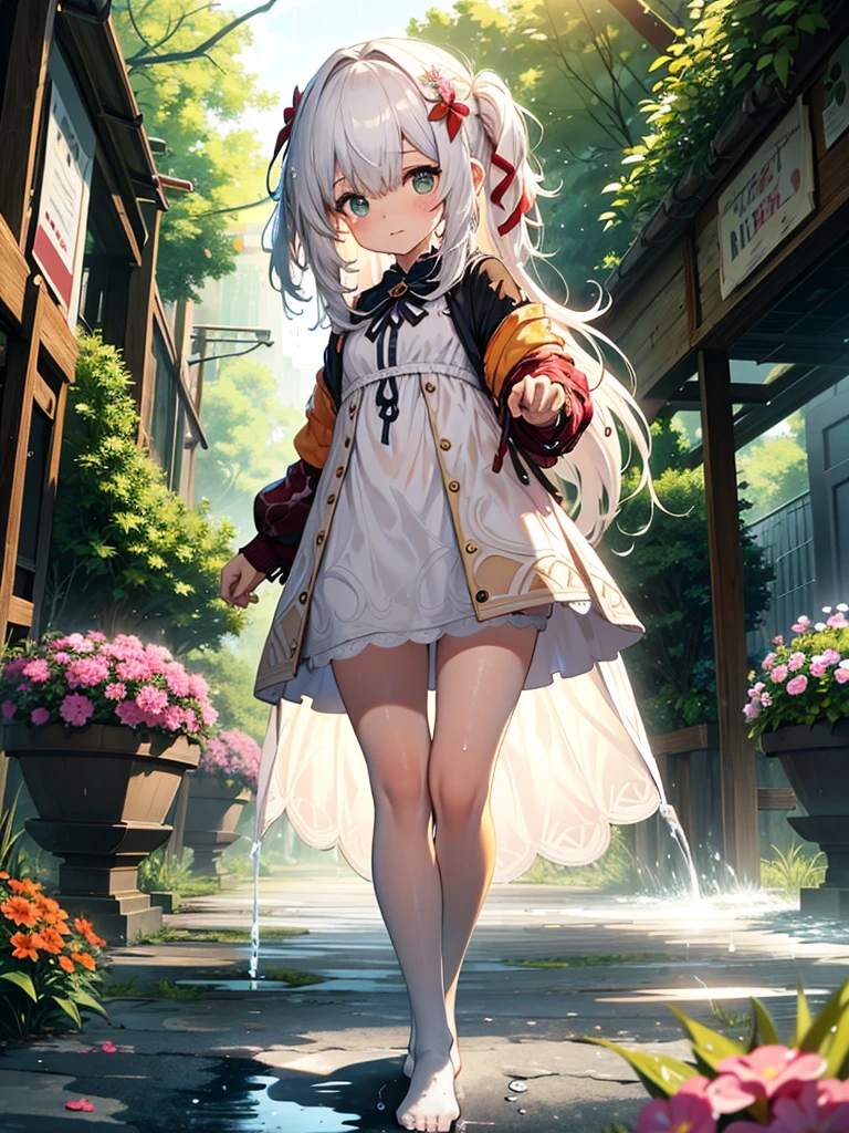 ((Best Quality, 8K, Masterpiece: 1.3)), {{Masterpiece}}, Illustration, Best Quality, Extremely Detailed CG Unity 8k wallpaper, 1girl_solo, full_body, from_below, looking_at_viewer, looking_down, (White pantyhose: 1.3), (Without shoes: 1.3), white hair,  (exposed dress:1.3), hair_ribbon, Strong edge light, garden, flowers, rain, clothes splash, (wet clothes:1.5),