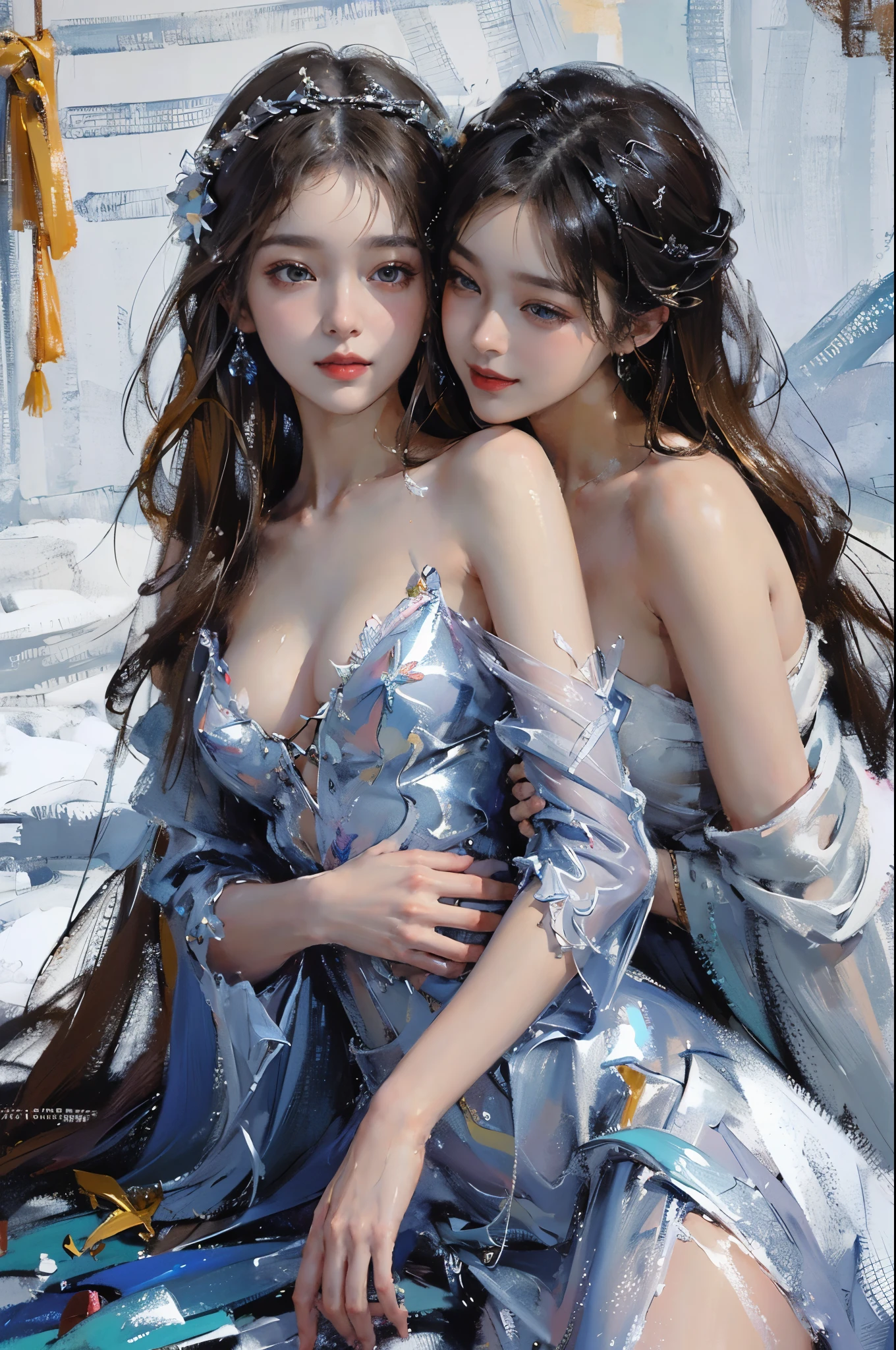 (2  girls),((Yuri))),((Eye contact))),(Look at each other),dancing in the snow, girl, ,(Best quality at best), ((tmasterpiece)), (A high resolution), pay,Perfect mature female figure, slim toned body,Original, mediuml breasts,High detail 8K wallpaper, Sweated,Wet hair,(very delicate beautiful),Contour deepening, realistically, Precise geometry, Complicated details,Smiling, long and flowing hair, Rises with the wind, Snowflake colorful gift,Close-up cleavage,((Sexual suggestiveness)),,(Fechin Oil Painting - Fechin Oil Painting , oil painted), 02