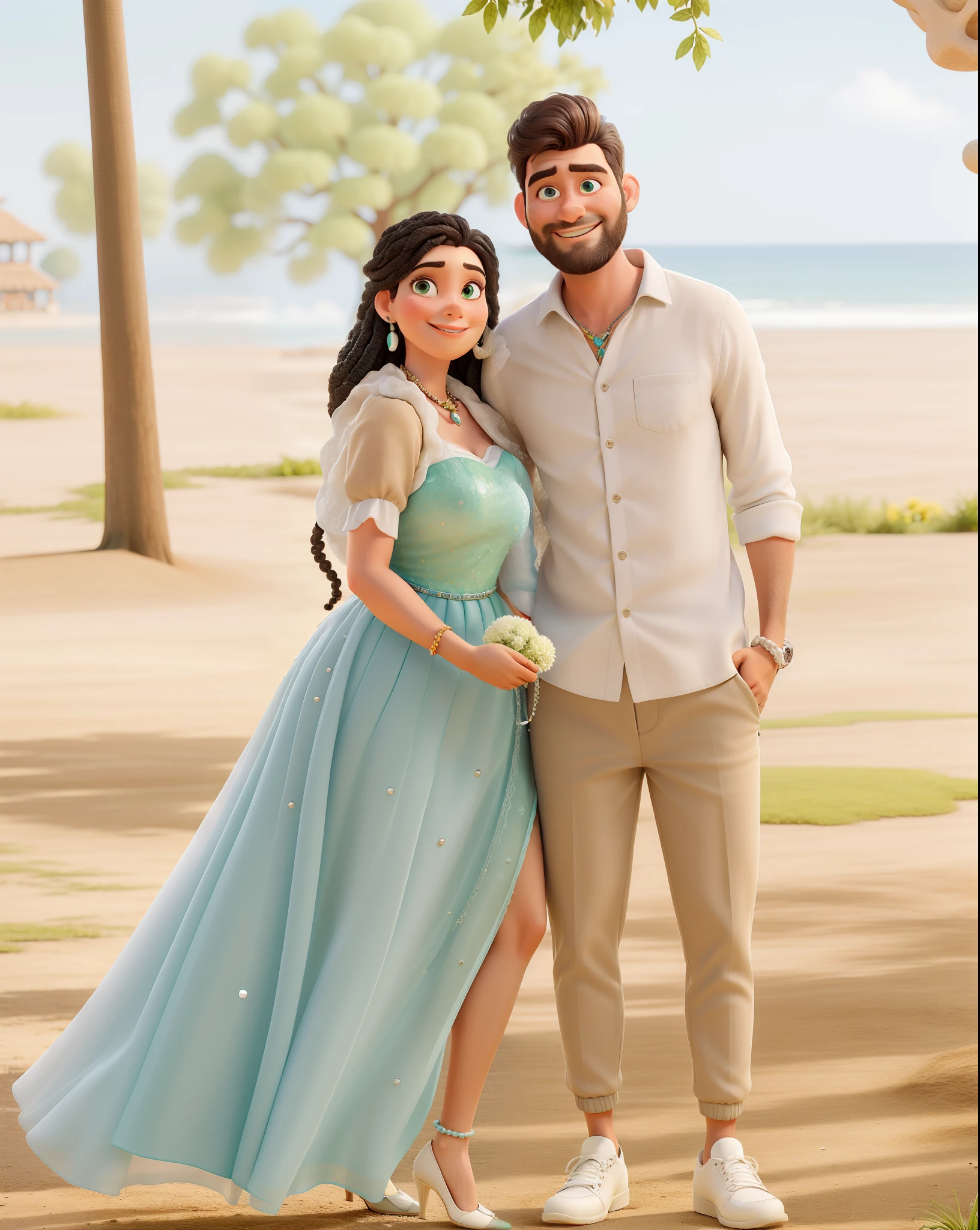 Obra prima, pixar, melhor qualidade, 1girl, cabelo ondulado comprido e preto, a segurar uma pochet prateada, with pearl earrings, colar de brilhantes, long aqua green ceremony dress, with white high heels with laces up to the knee. 1boy cabelo curto encaracolado, barba, camisa branca, beige pants white sneakers. (The setting is a garden)