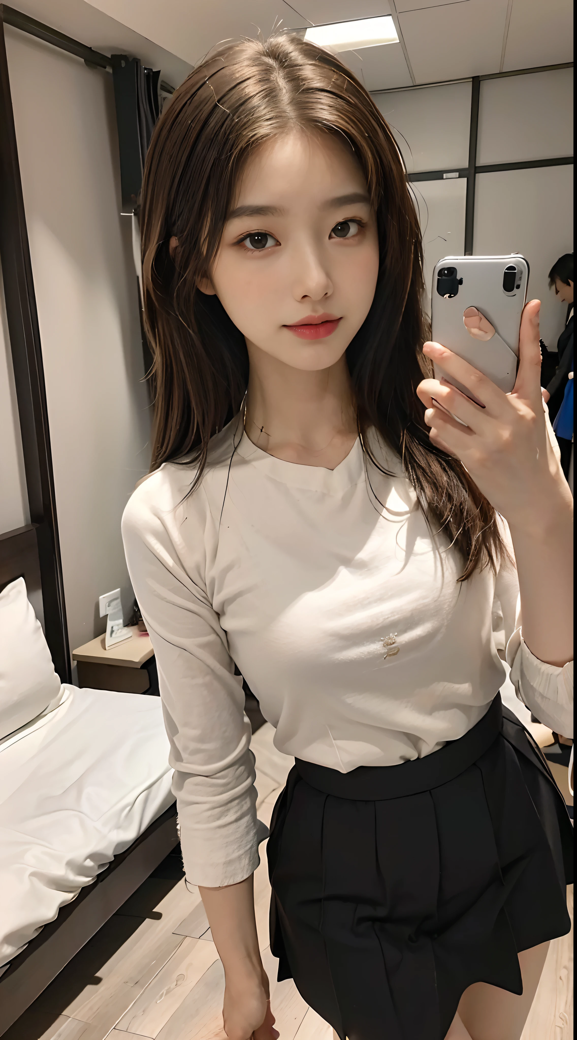 ((Best picture quality, 8K, tmasterpiece: 1.3)), self-shot, Sharp focus: 1.2, A cute beauty with a perfect figure: 1.4, Slim, ((Brown hair black)) , (whitet-shirt,pleatedskirt,Highly detailed face,Happy expression,standing on your feet:1.2),((The city of blue skies,simple bedrooms:1.3. Produced with a major focus on women)),Highly detailed facial and skin texture,Detailed eyes,二重まぶた