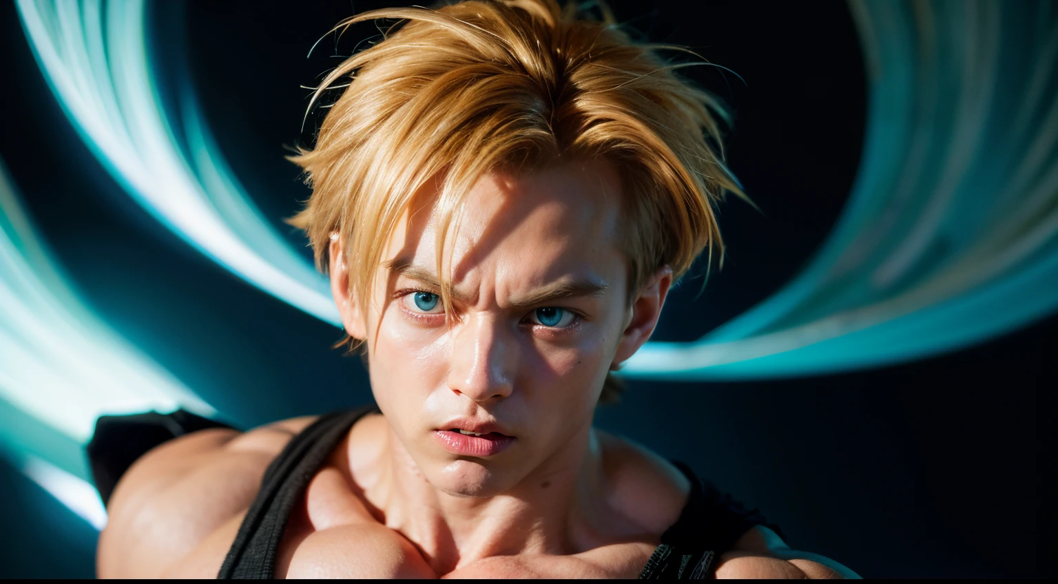 ultra-detailed, solo, realistic, face focus, 1boy, young, son gohan, super saiyan, (aura, angry, stare), looking at viewer, (fighting stance:1.2), blonde hair, blue eyes, (torn clothes:0.8), lightly blurry, film portrait photography, 35mm film