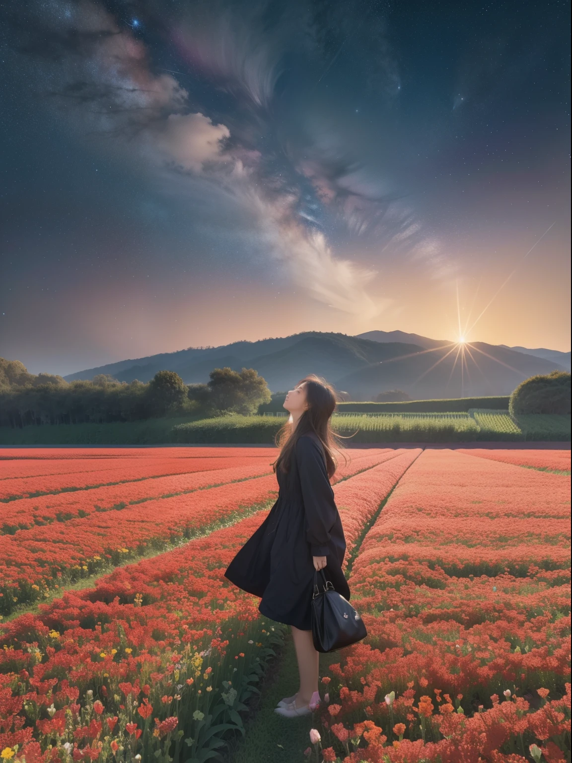 There is a girl standing in a flower field looking up at the sky, A girl stands in the flower field, A girl walks in a flower field, Lost in a fantasy wonderland, standing in flower field, Fantastic digital painting, The sky is gradually clearing, The starry sky gradually receded